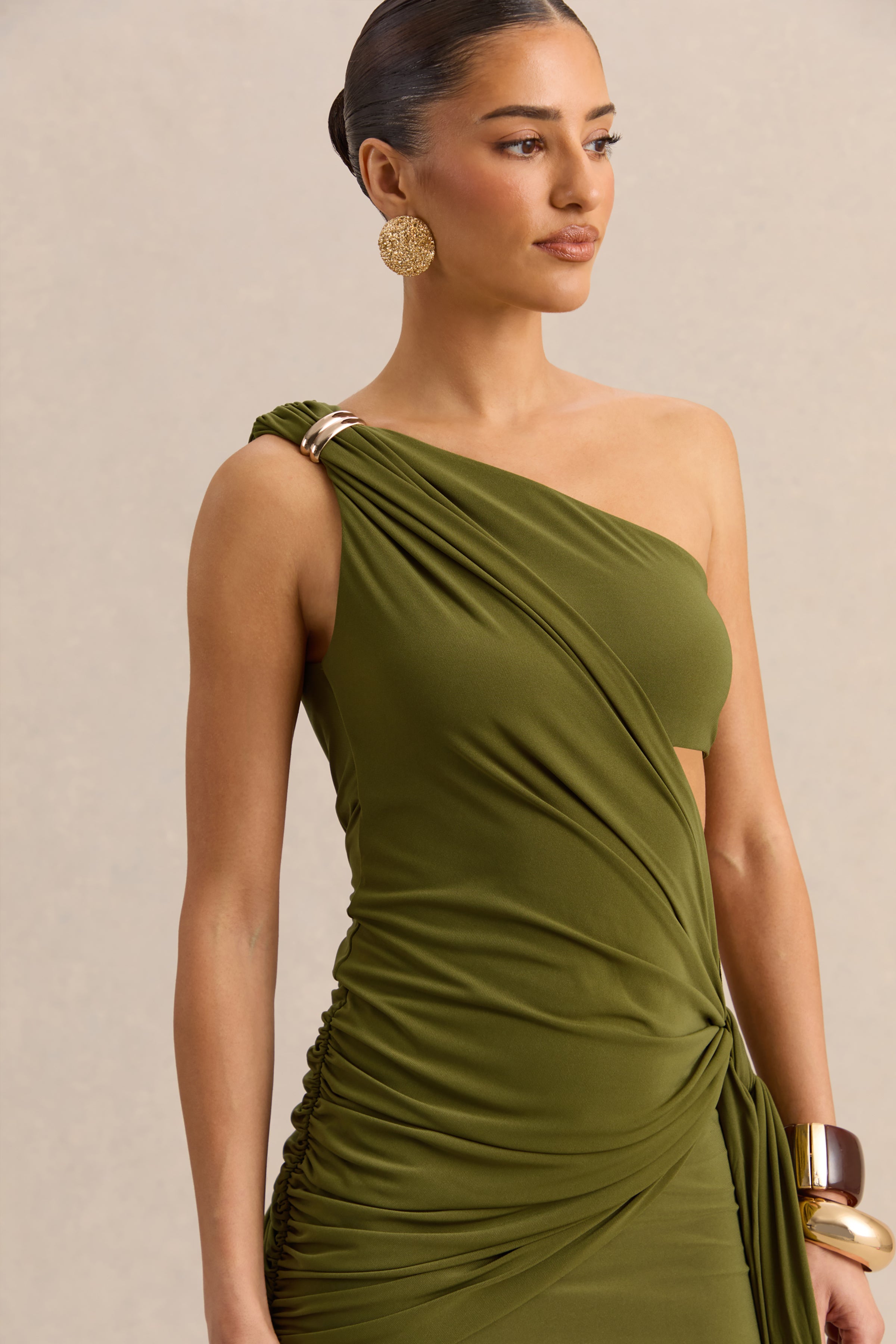 Clarosia | Green Asymmetric-Neck Maxi Dress With Cut-Out With Sash