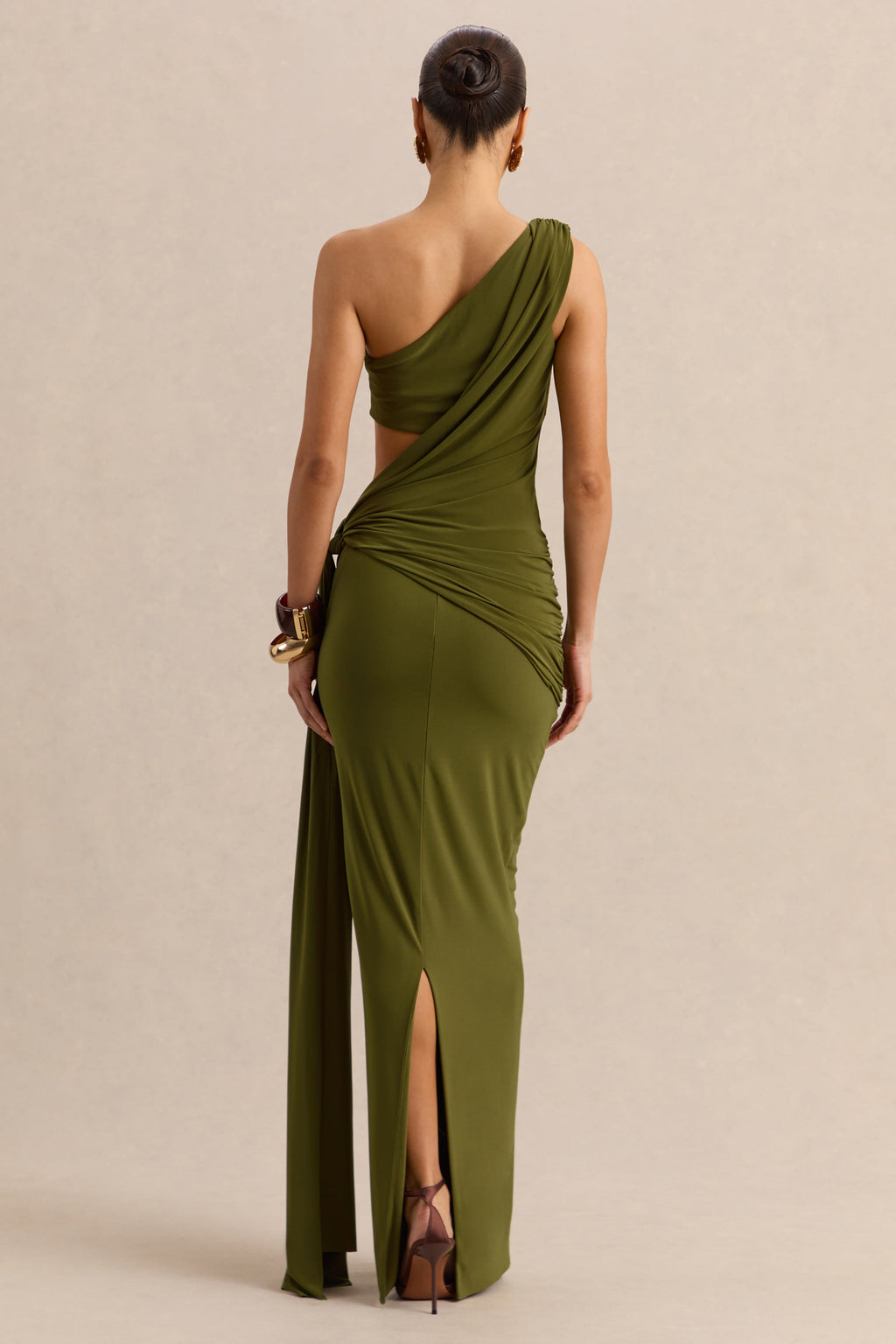 Clarosia | Green Asymmetric-Neck Maxi Dress With Cut-Out With Sash