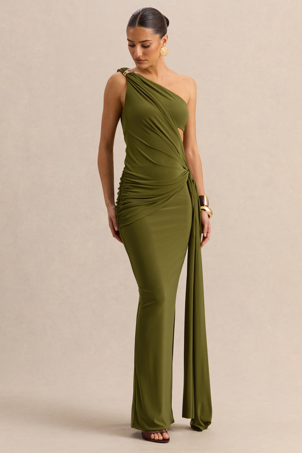 Clarosia | Green Asymmetric-Neck Maxi Dress With Cut-Out With Sash