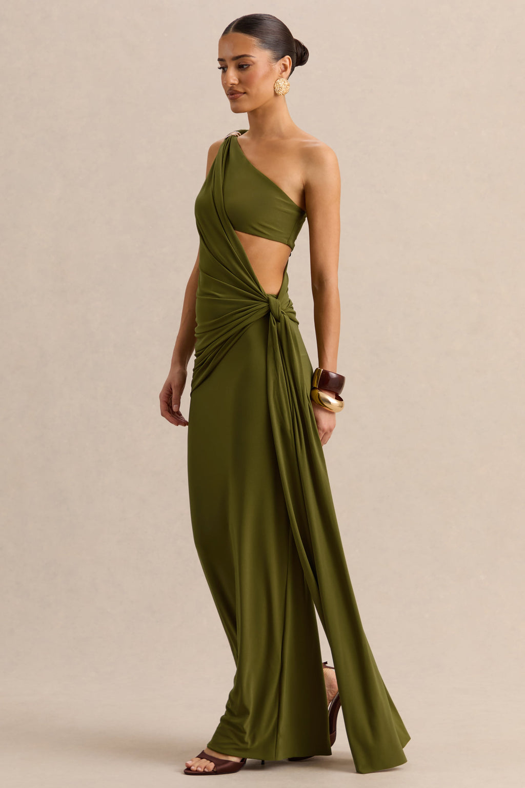 Clarosia | Green Asymmetric-Neck Maxi Dress With Cut-Out With Sash