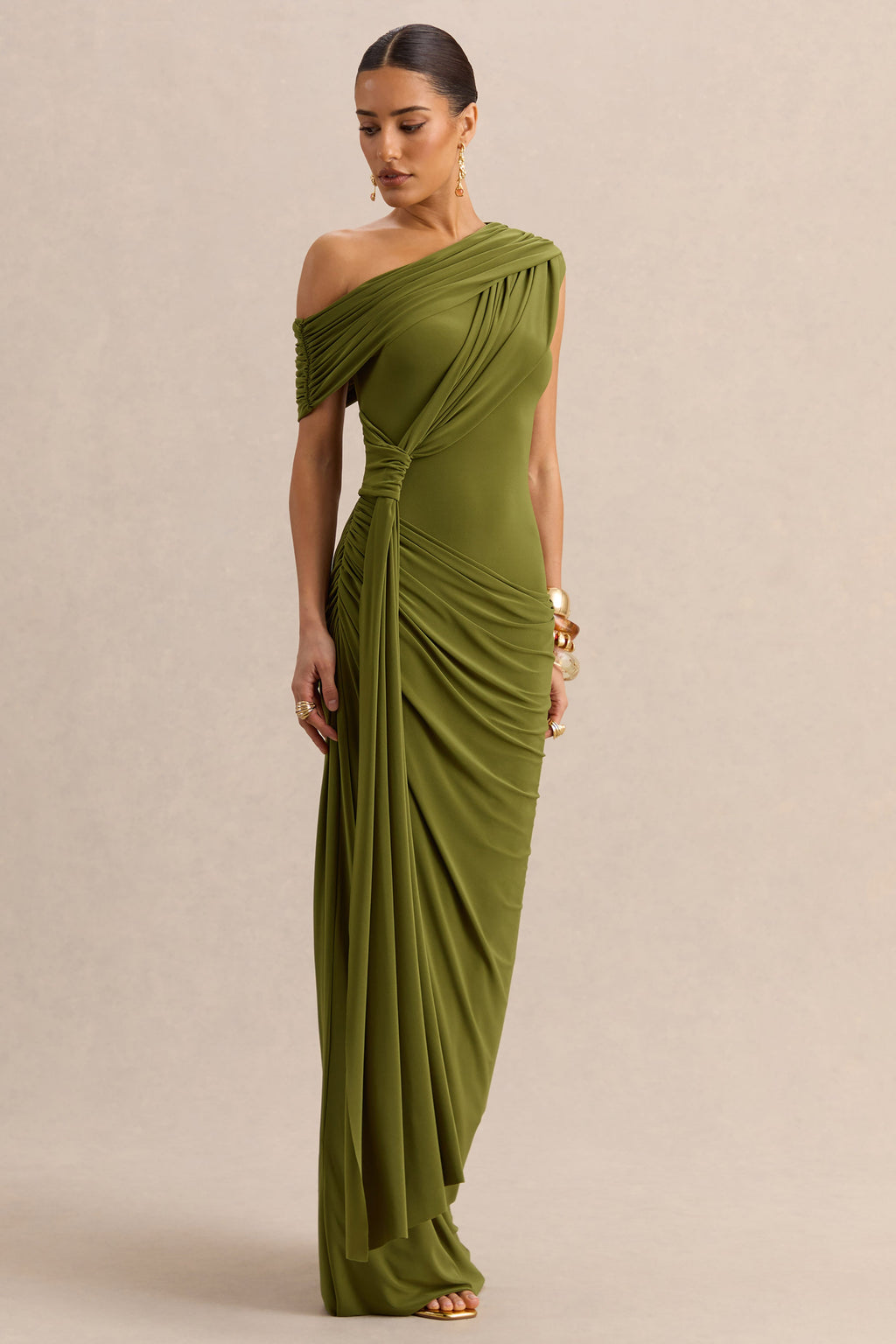 Avialee | Green Asymmetric-Neck Maxi Dress With Gathered-Detailing And Sash