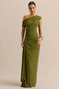 Avialee | Green Asymmetric-Neck Maxi Dress With Gathered-Detailing And Sash