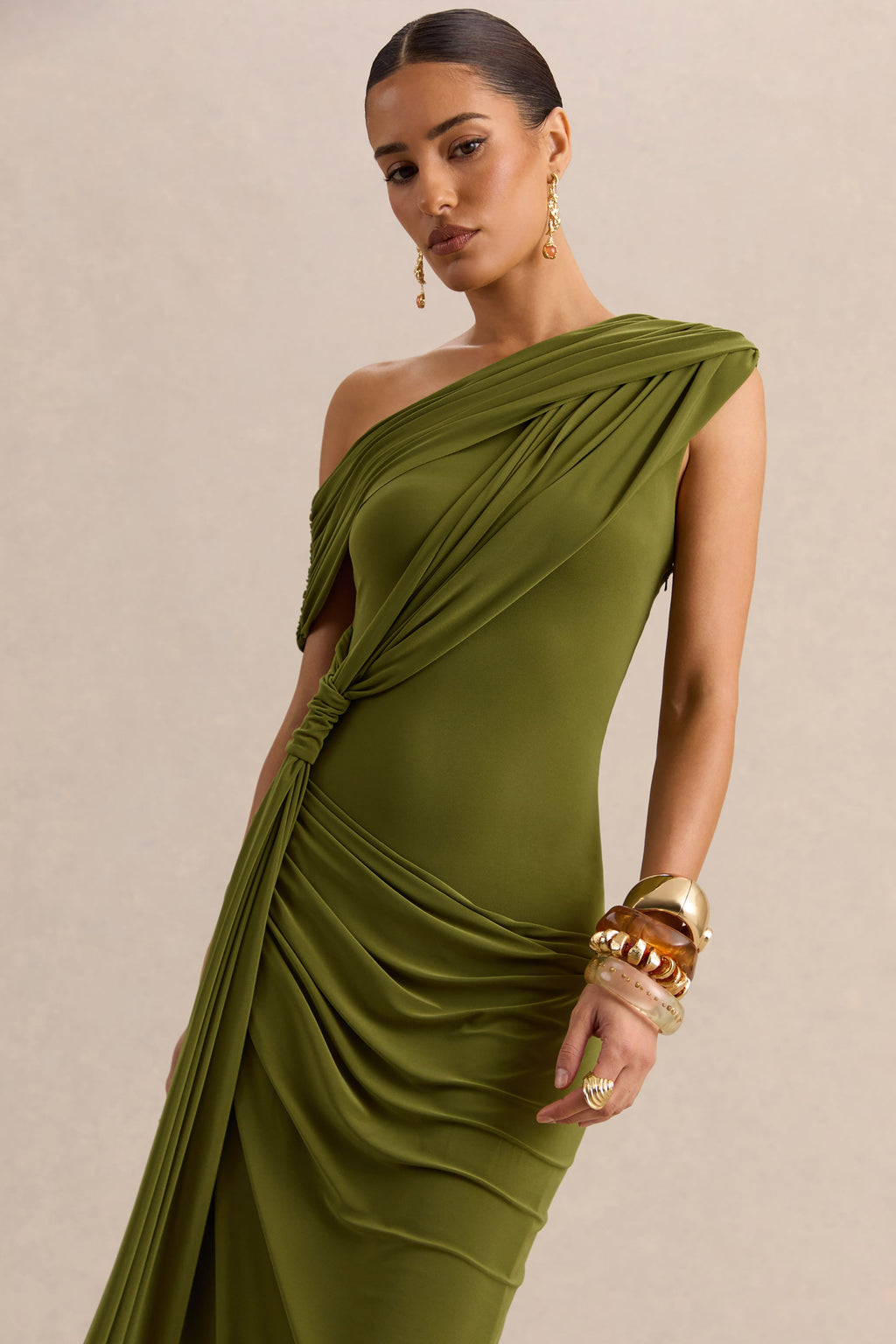 Avialee | Green Asymmetric-Neck Maxi Dress With Gathered-Detailing And Sash