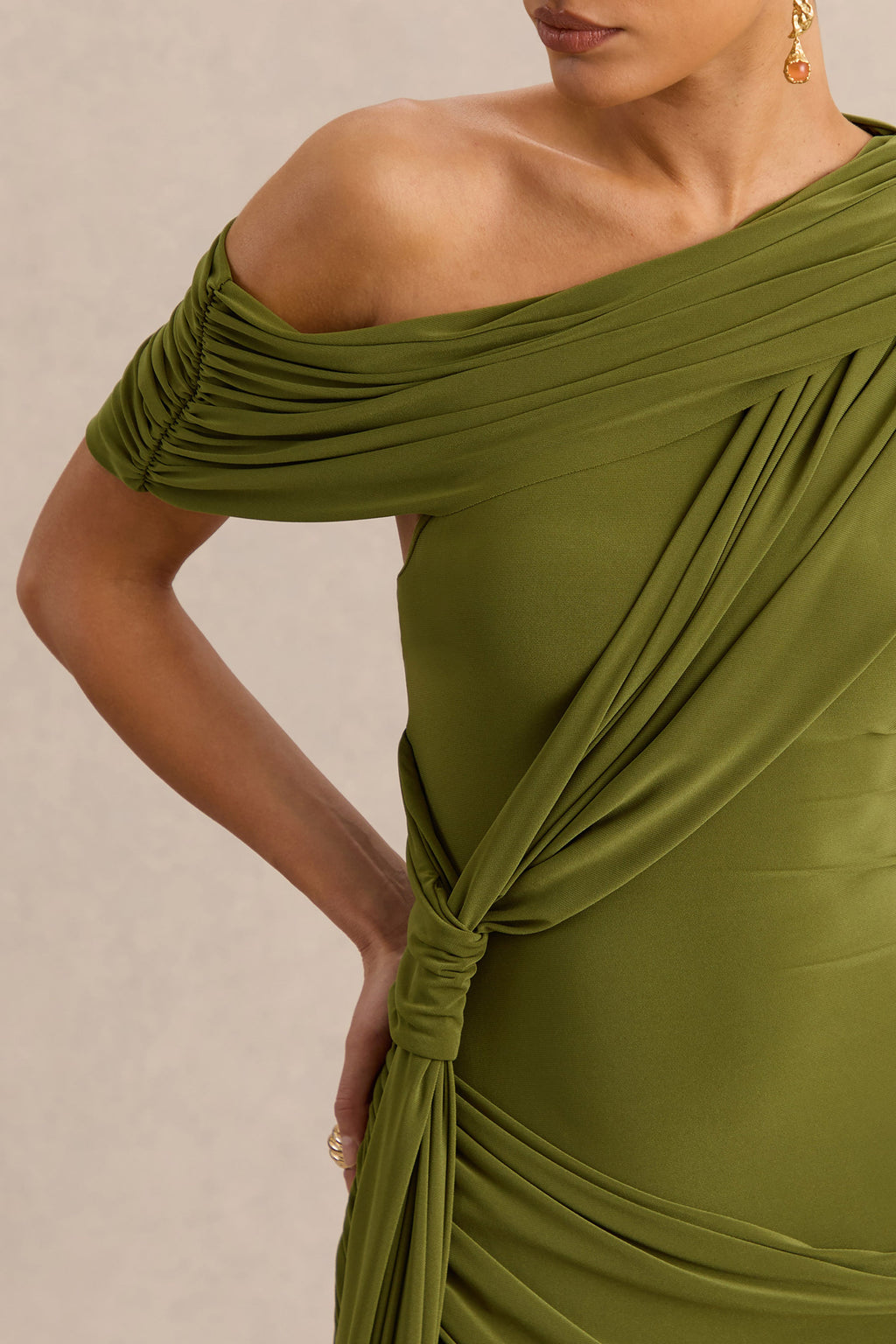 Avialee | Green Asymmetric-Neck Maxi Dress With Gathered-Detailing And Sash