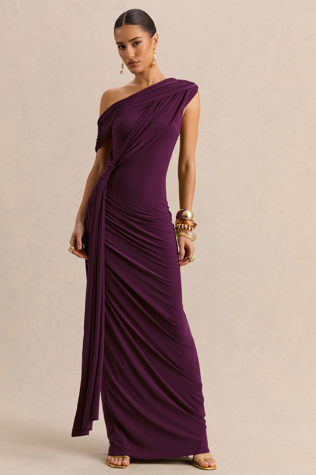 Avialee | Dark Plum Asymmetric-Neck Maxi Dress With Gathered-Detailing And Sash