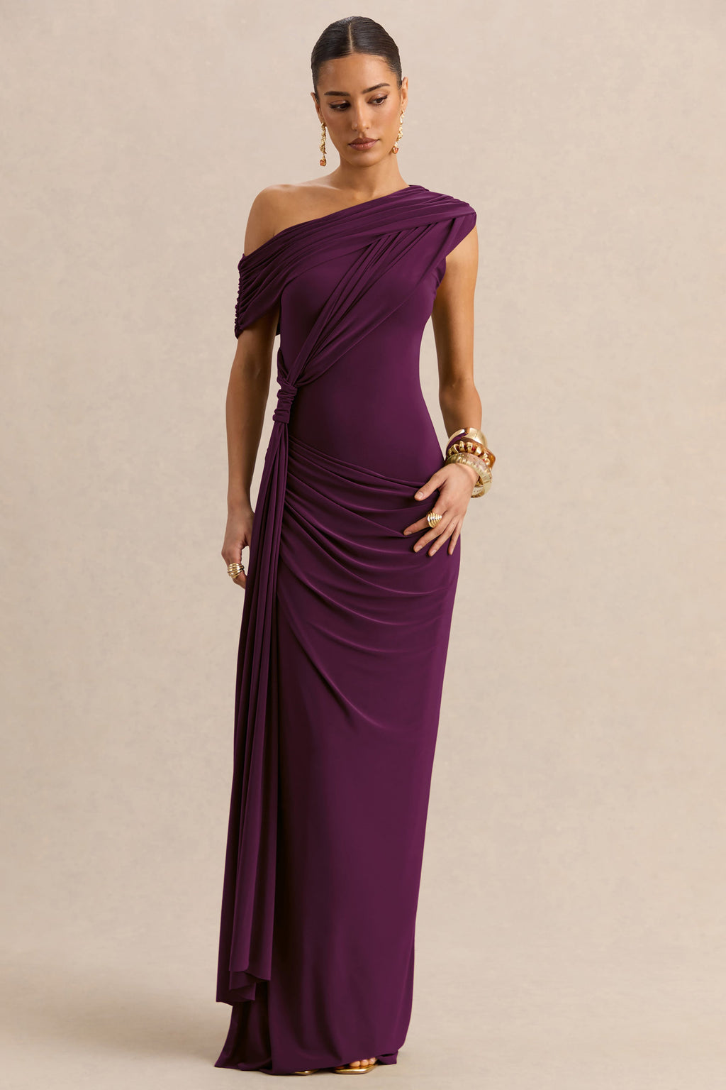 Avialee | Dark Plum Asymmetric-Neck Maxi Dress With Gathered-Detailing And Sash