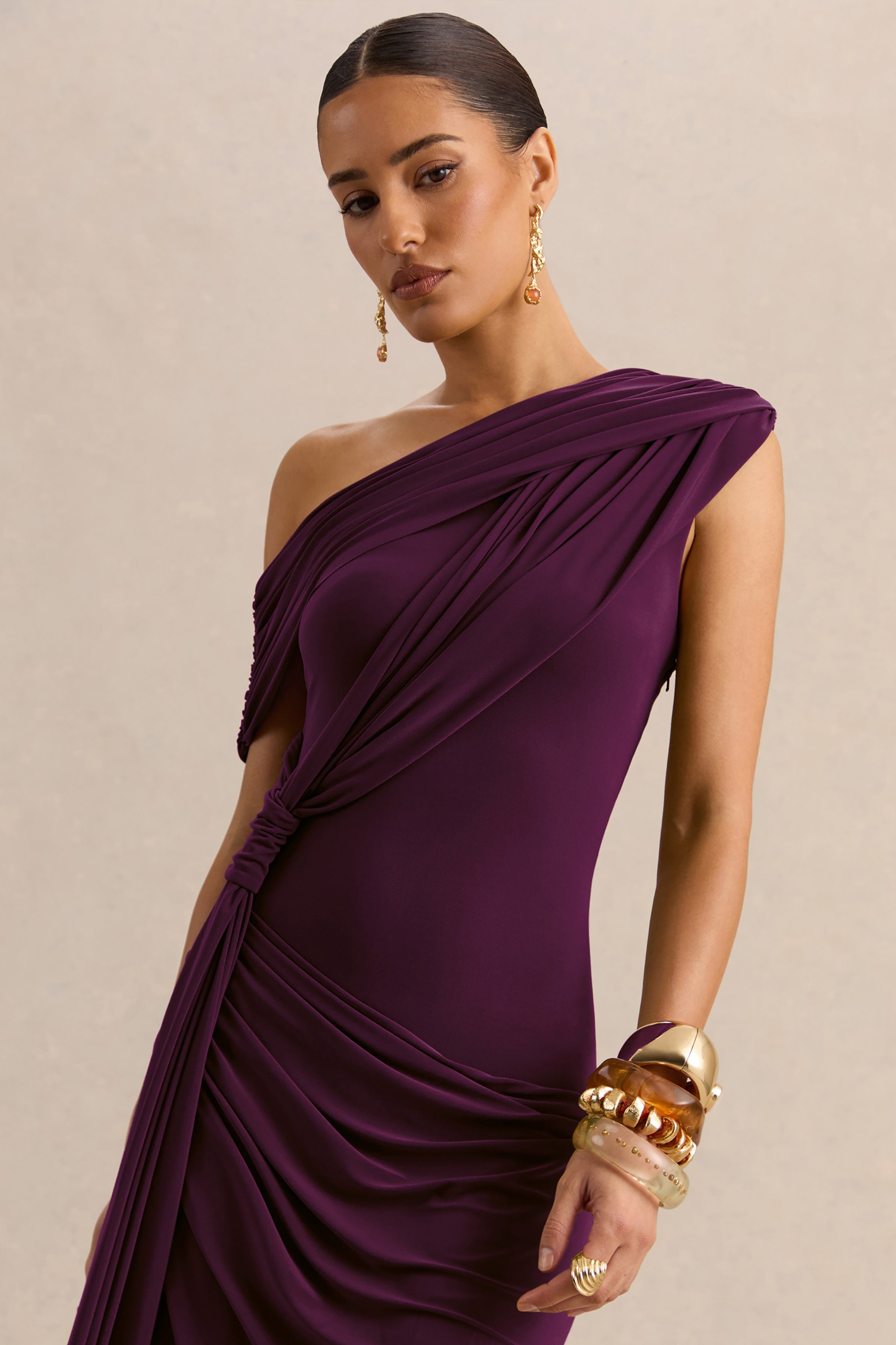Avialee | Dark Plum Asymmetric-Neck Maxi Dress With Gathered-Detailing And Sash