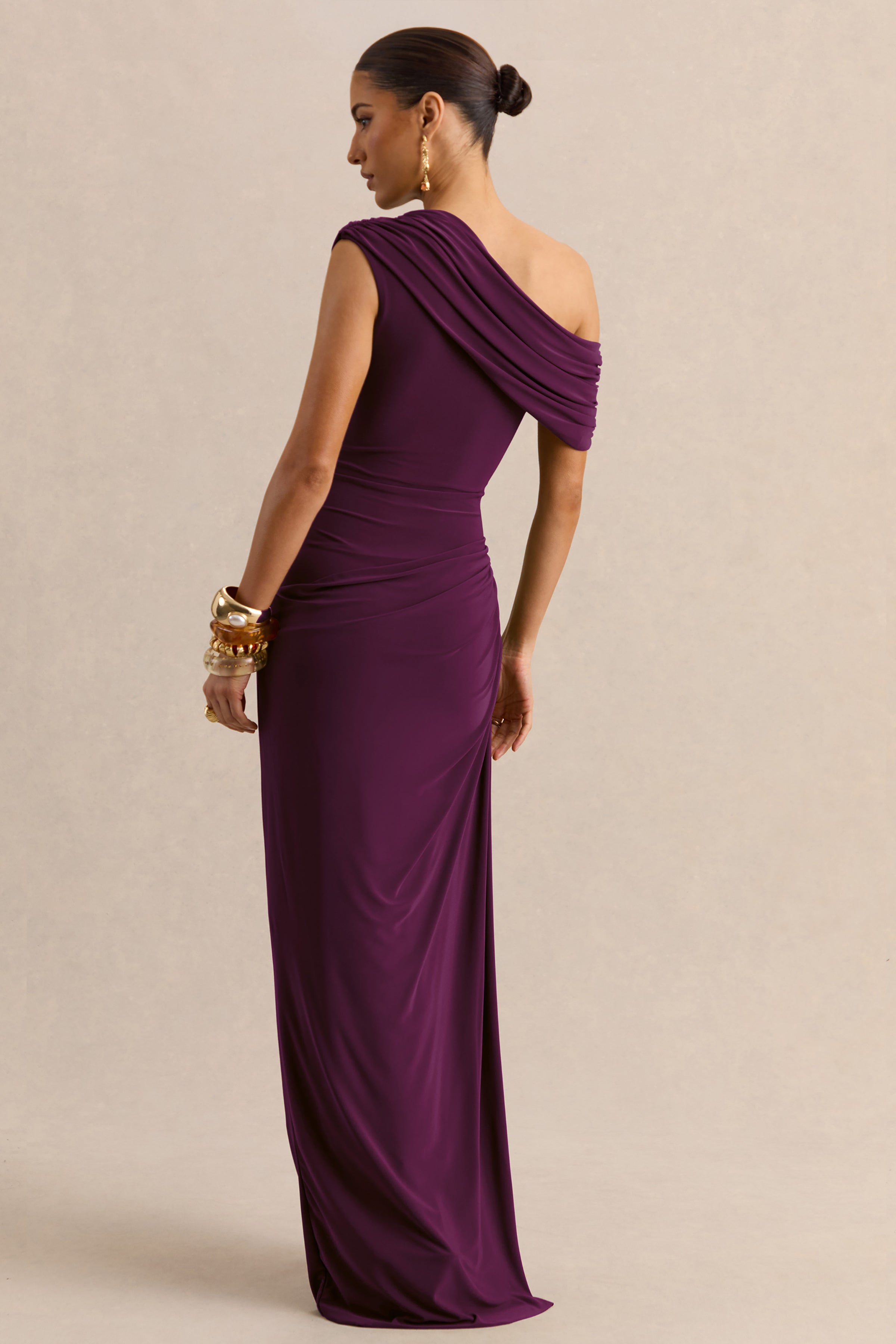 Avialee | Dark Plum Asymmetric-Neck Maxi Dress With Gathered-Detailing And Sash