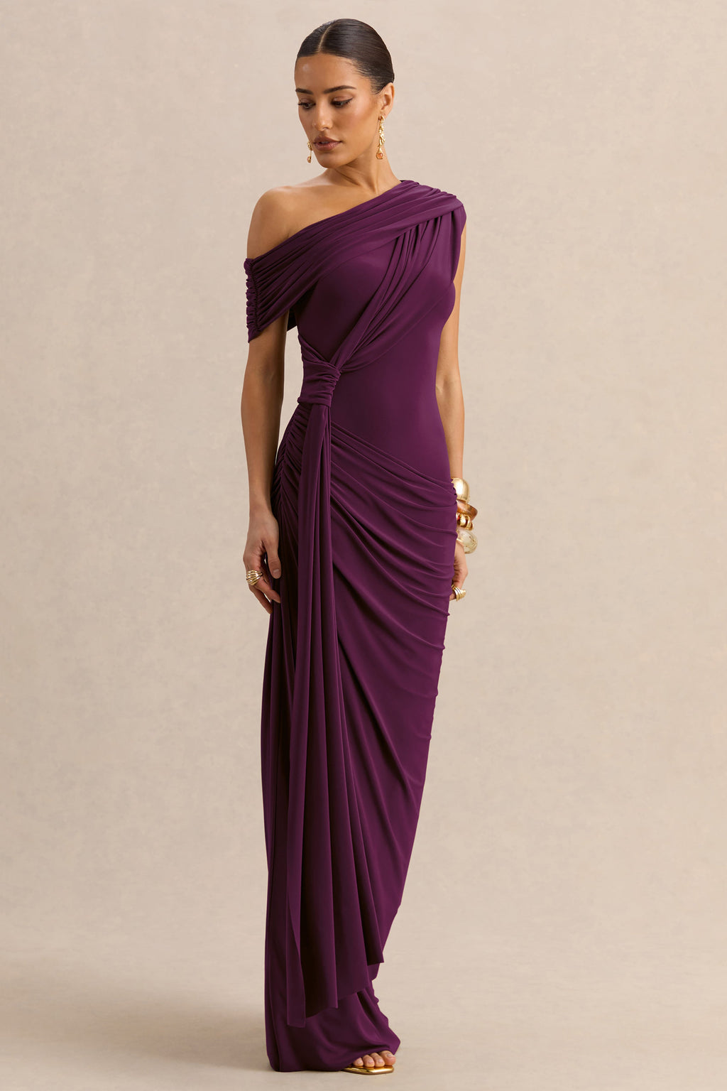 Avialee | Dark Plum Asymmetric-Neck Maxi Dress With Gathered-Detailing And Sash