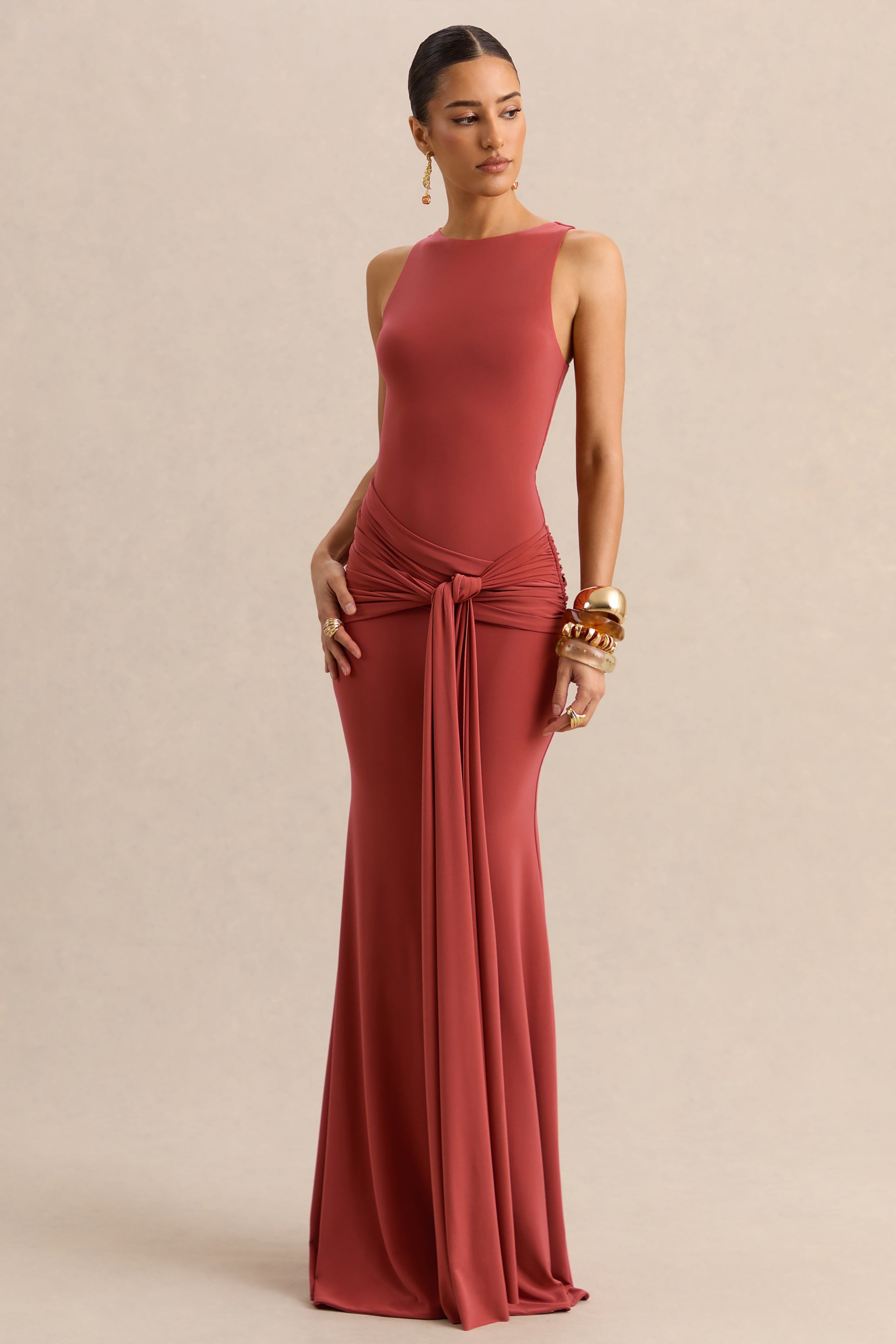 Cherine | Rust Round-Neck Maxi Dress With Gathered-Detailing And Sash