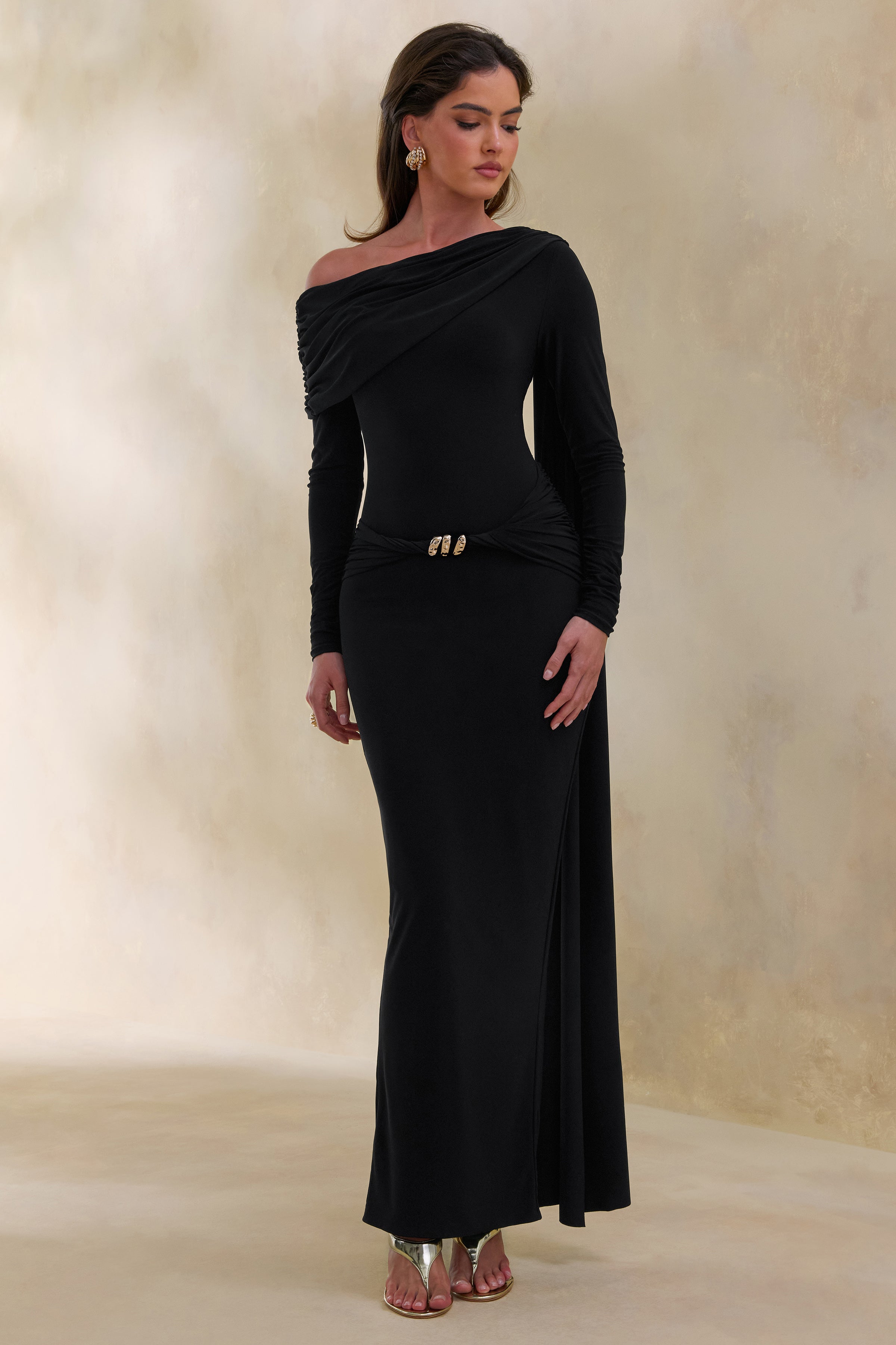 Bessy | Black Asymmetric-Neck Maxi Dress With Gathered-Detailing And Sash