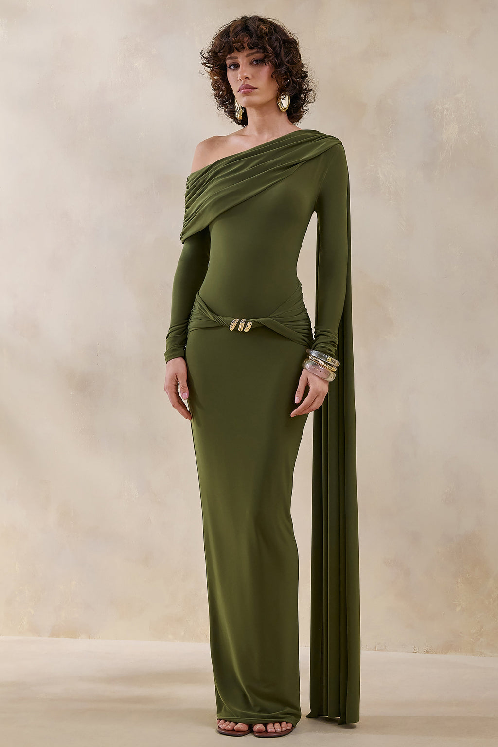 Bessy | Green Asymmetric-Neck Maxi Dress With Gathered-Detailing And Sash