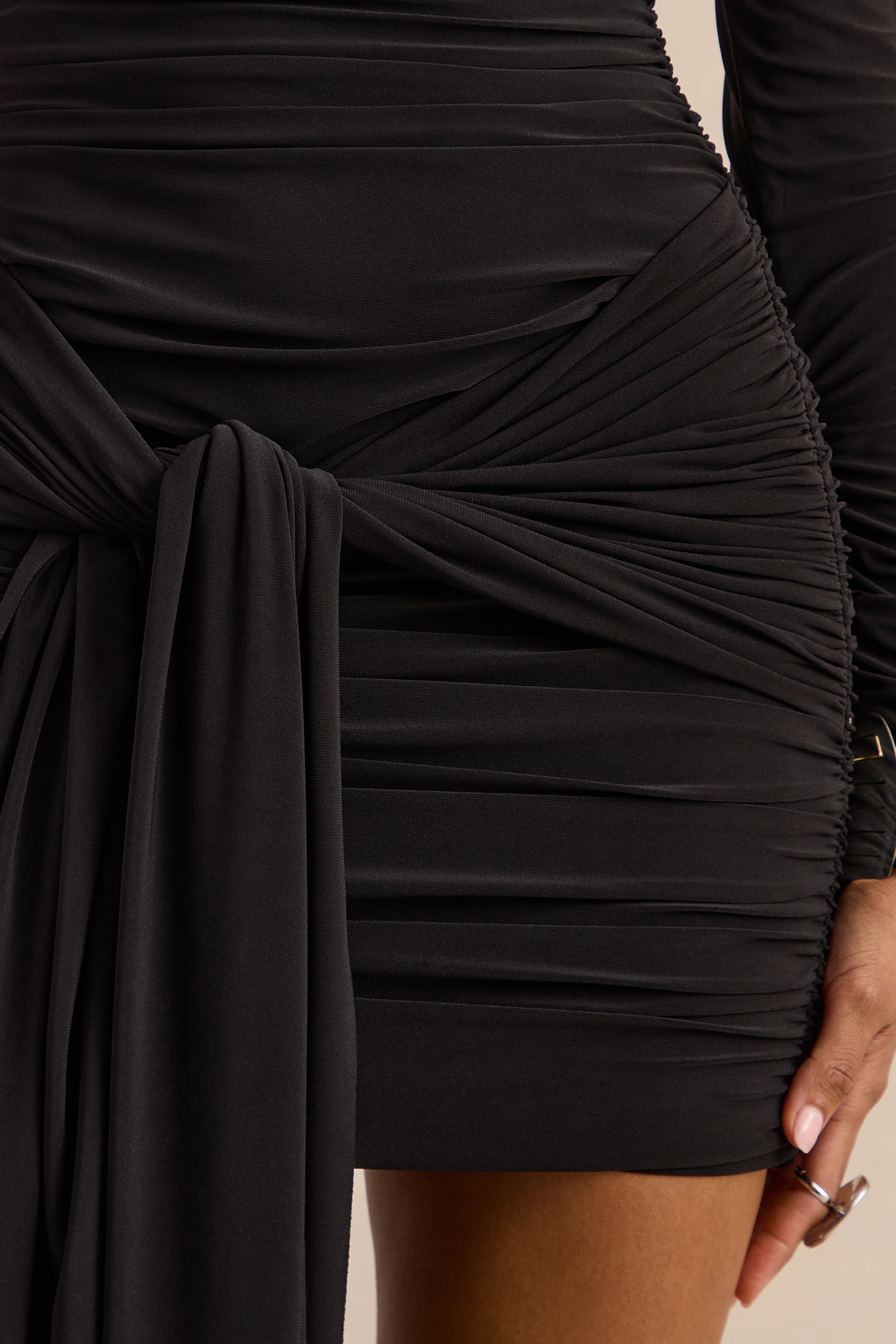 Irissia | Black Asymmetric-Neck Mini Dress With Knot And Sash Detail