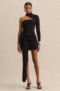 Irissia | Black Asymmetric-Neck Mini Dress With Knot And Sash Detail