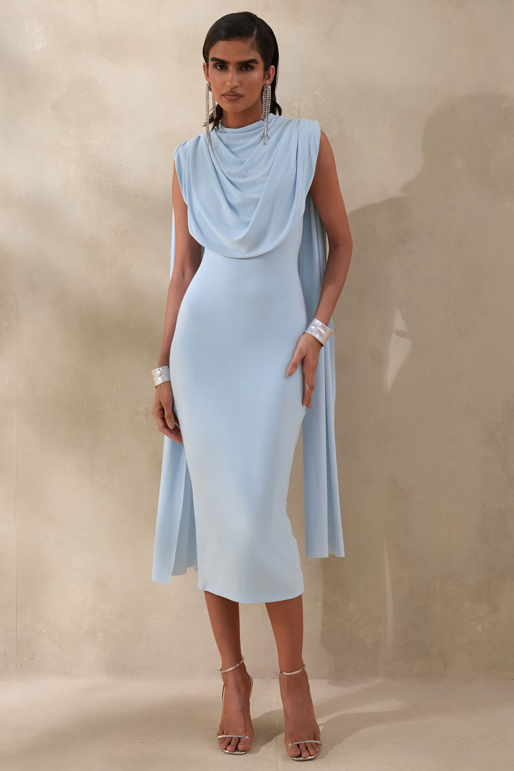Lysandria | Powder Blue High-Neck Midi Dress With Draped-Detailing