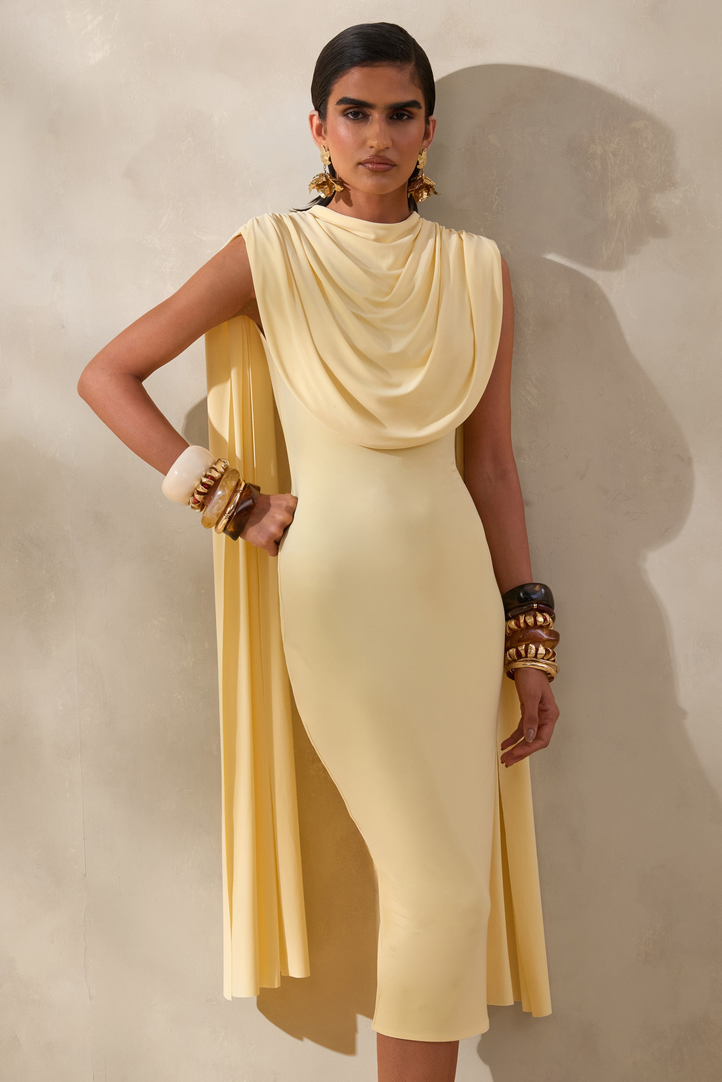 Lysandria | Lemon High-Neck Midi Dress With Draped-Detailing