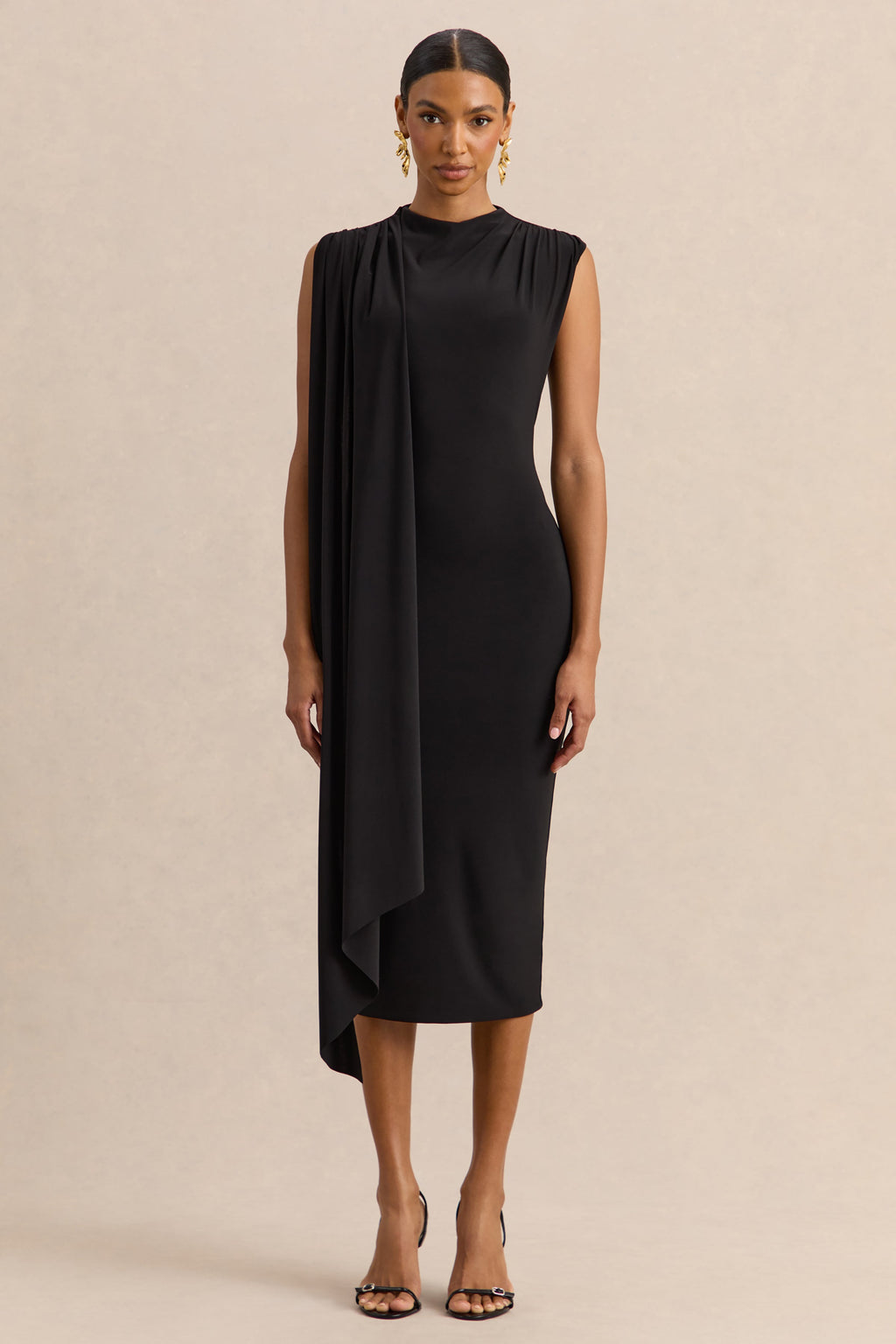 Oleandra | Black High-Neck Midi-Dress With Draped-Detail