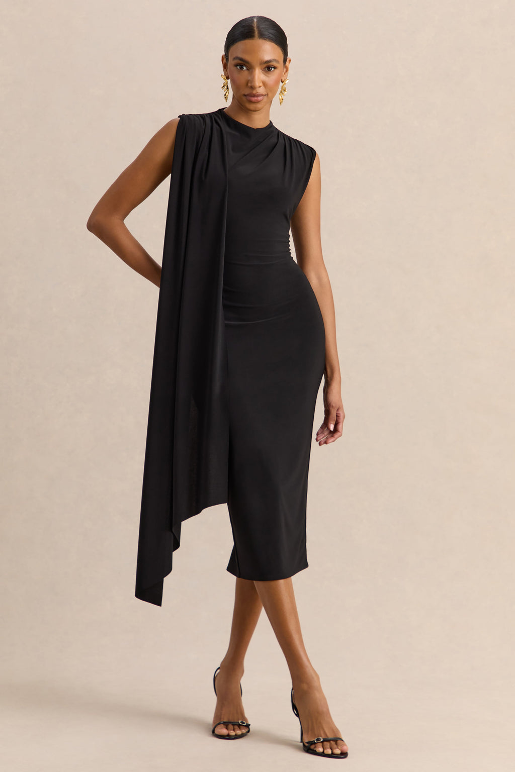 Oleandra | Black High-Neck Midi-Dress With Draped-Detail