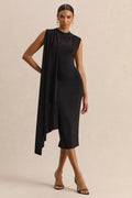 Oleandra | Black High-Neck Midi-Dress With Draped-Detail