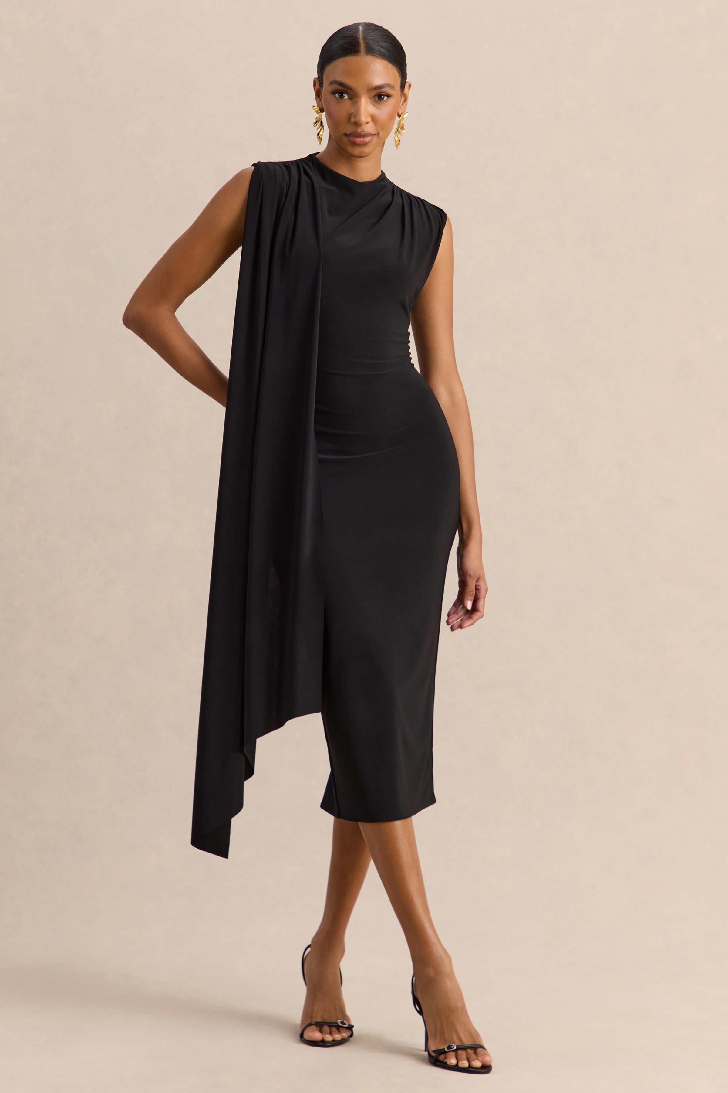 Oleandra | Black High-Neck Midi-Dress With Draped-Detail