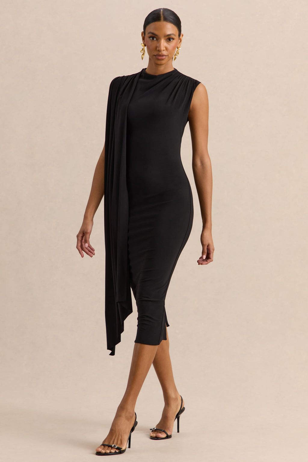 Oleandra | Black High-Neck Midi-Dress With Draped-Detail