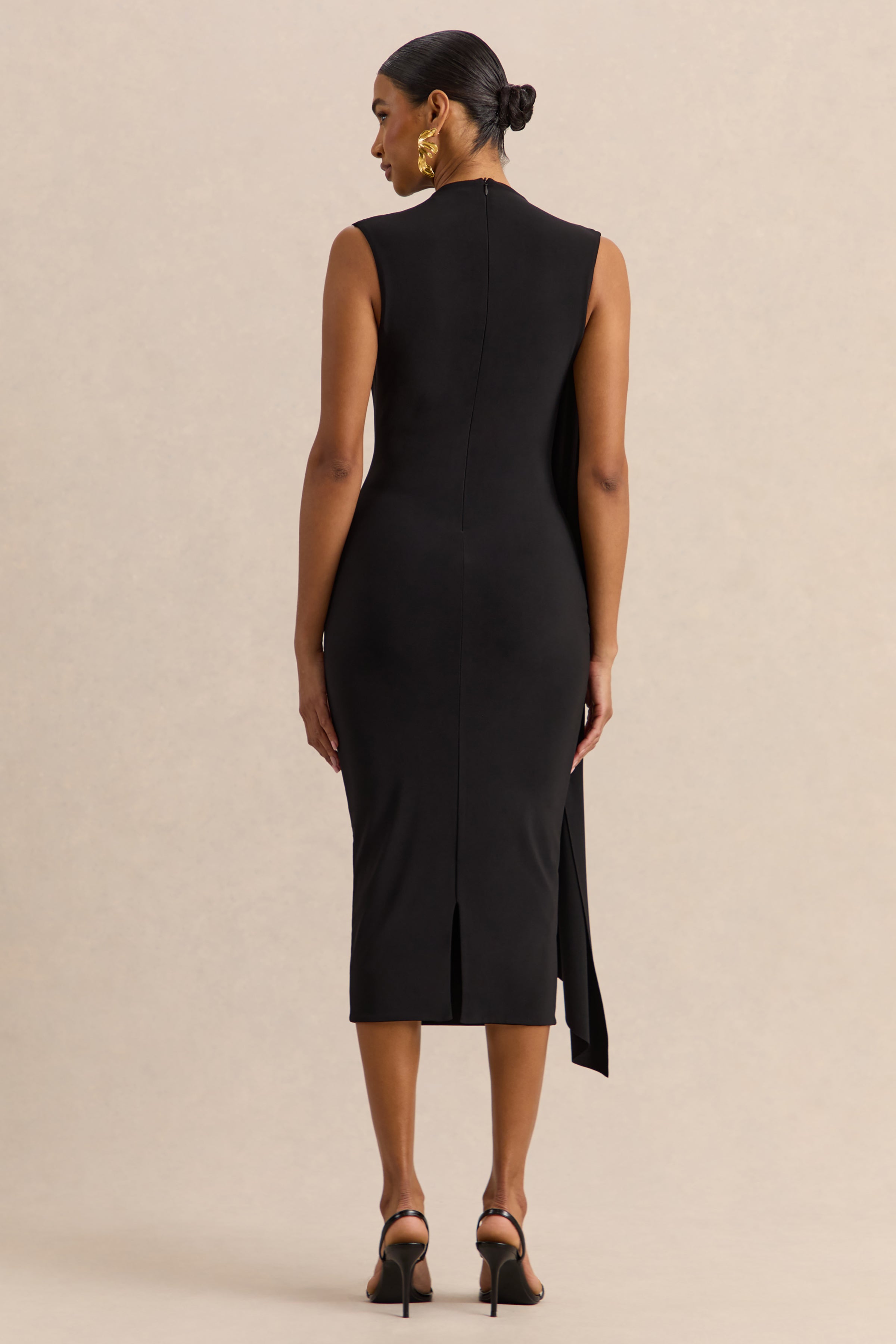 Oleandra | Black High-Neck Midi-Dress With Draped-Detail