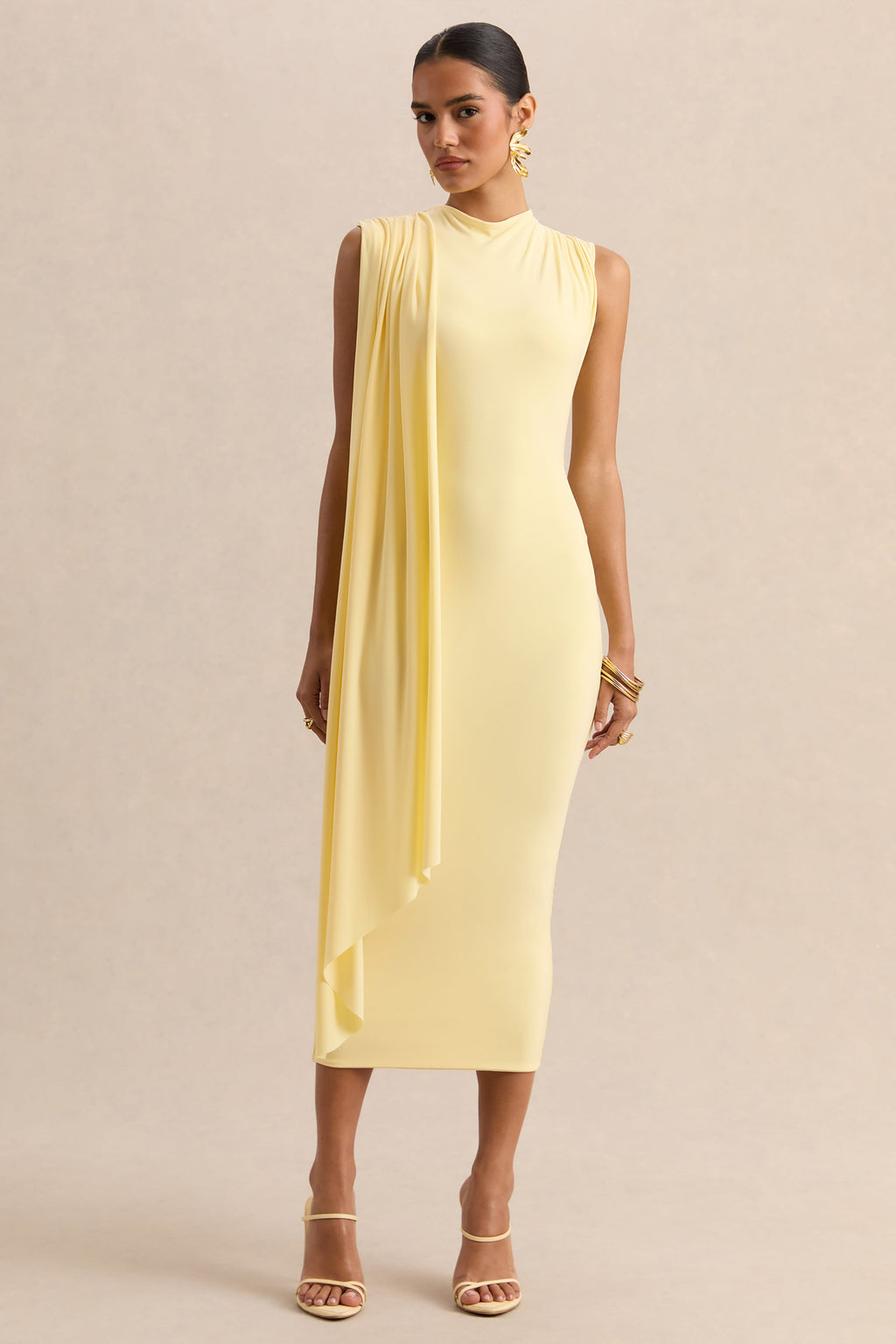 Oleandra | Lemon High-Neck Midi-Dress With Draped-Detail