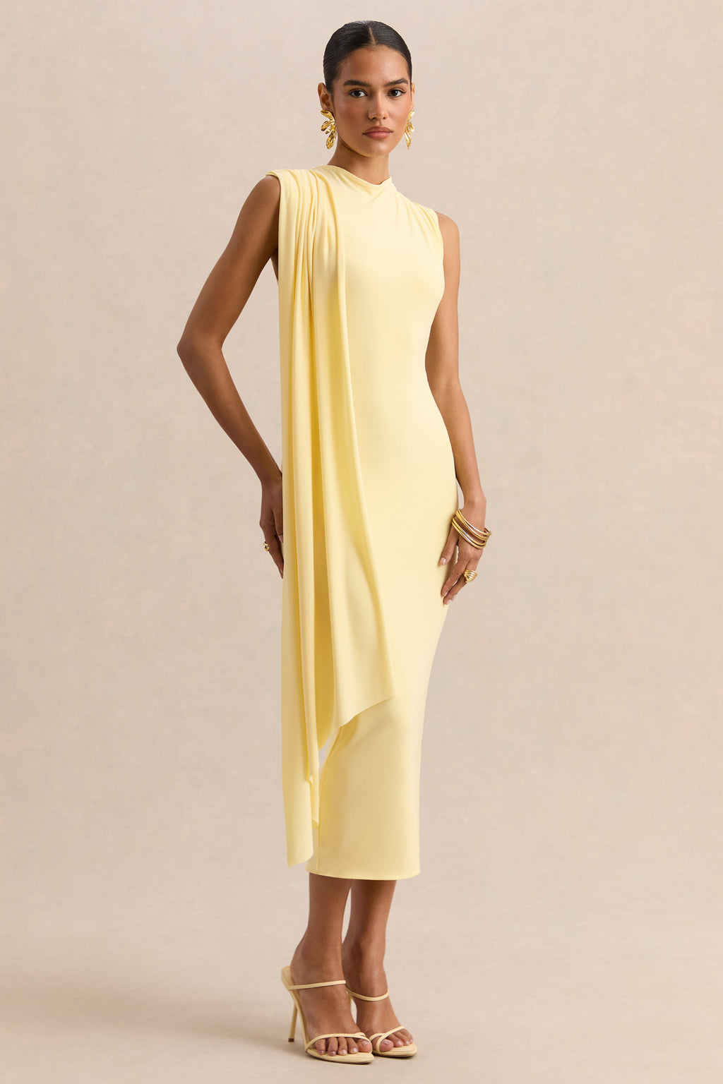 Oleandra | Lemon High-Neck Midi-Dress With Draped-Detail