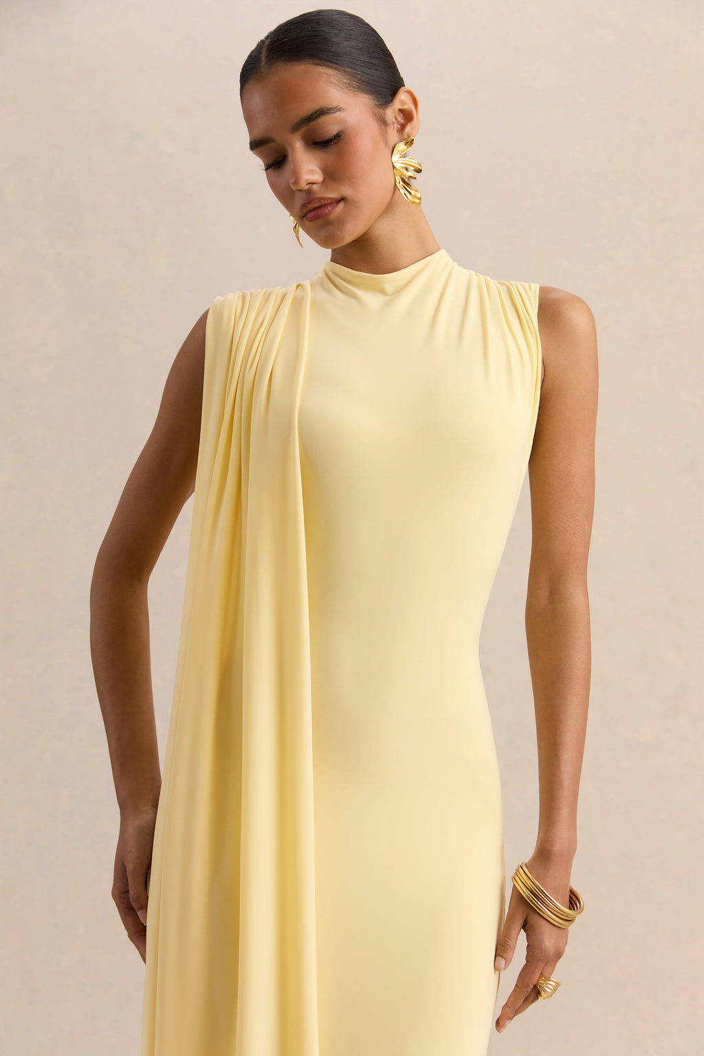 Oleandra | Lemon High-Neck Midi-Dress With Draped-Detail