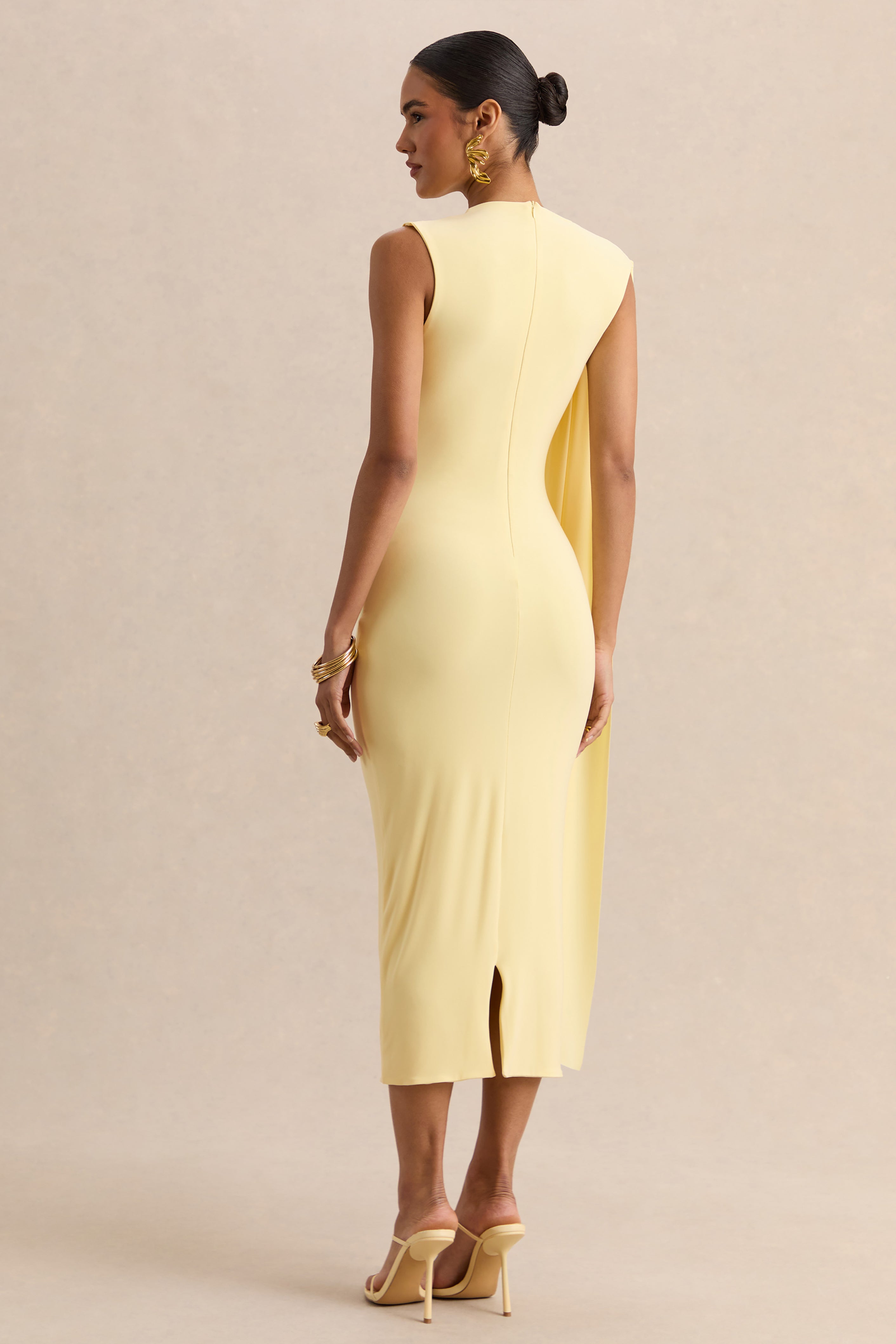 Oleandra | Lemon High-Neck Midi-Dress With Draped-Detail