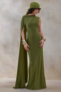 Isdelia | Green Asymmetric-Neck Maxi Dress With Cape-Sleeve