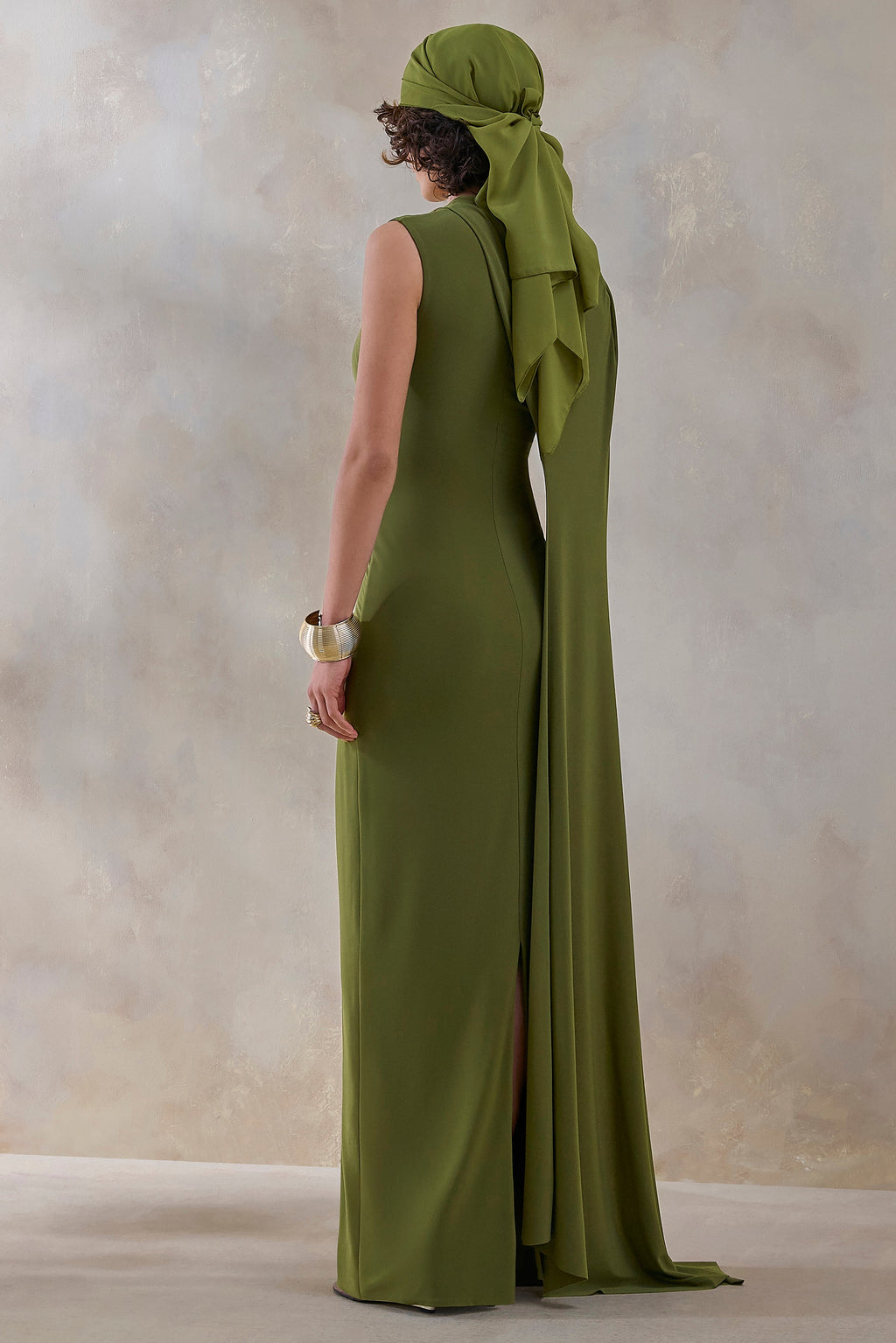 Isdelia | Green Asymmetric-Neck Maxi Dress With Cape-Sleeve