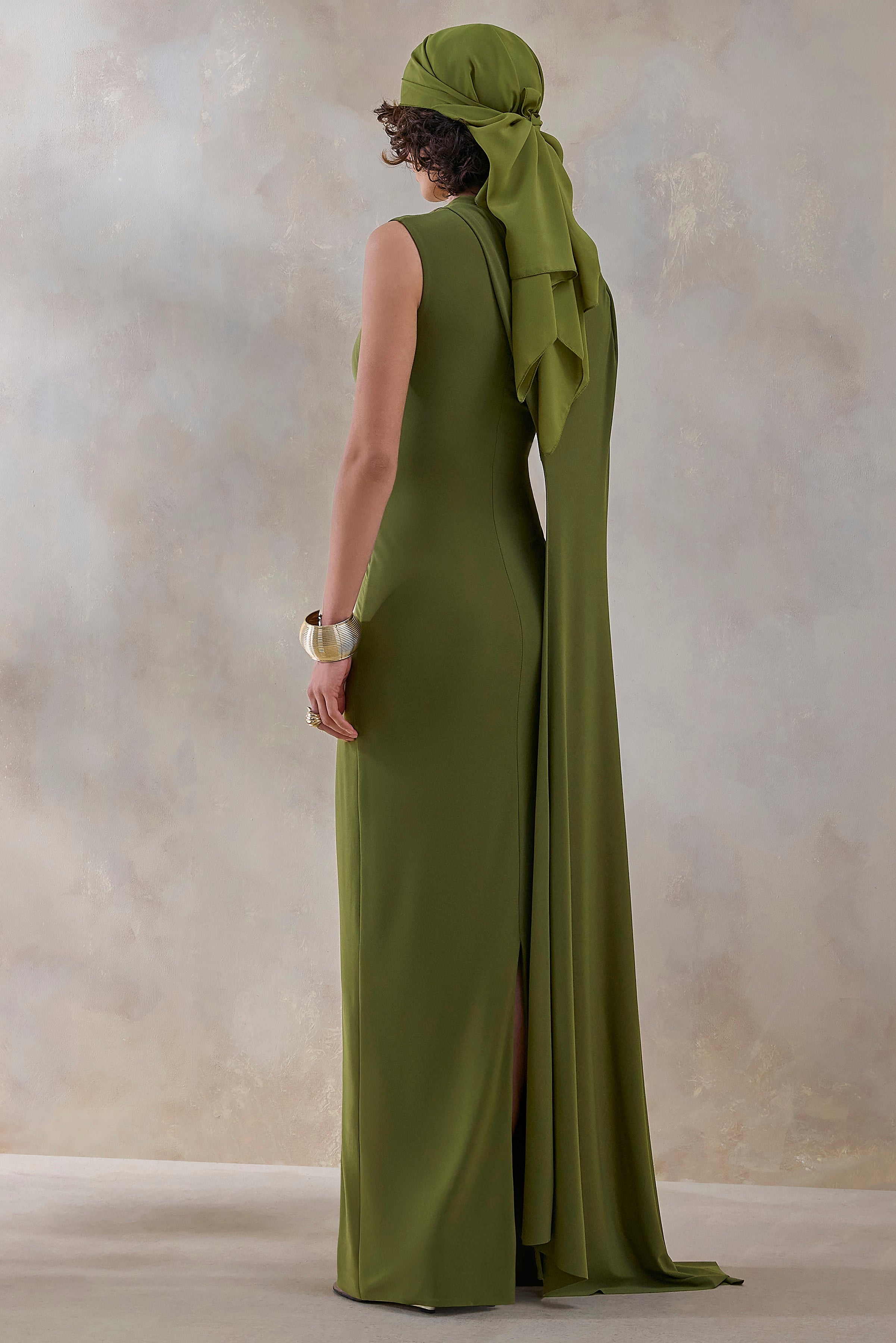 Isdelia | Green Asymmetric-Neck Maxi Dress With Cape-Sleeve