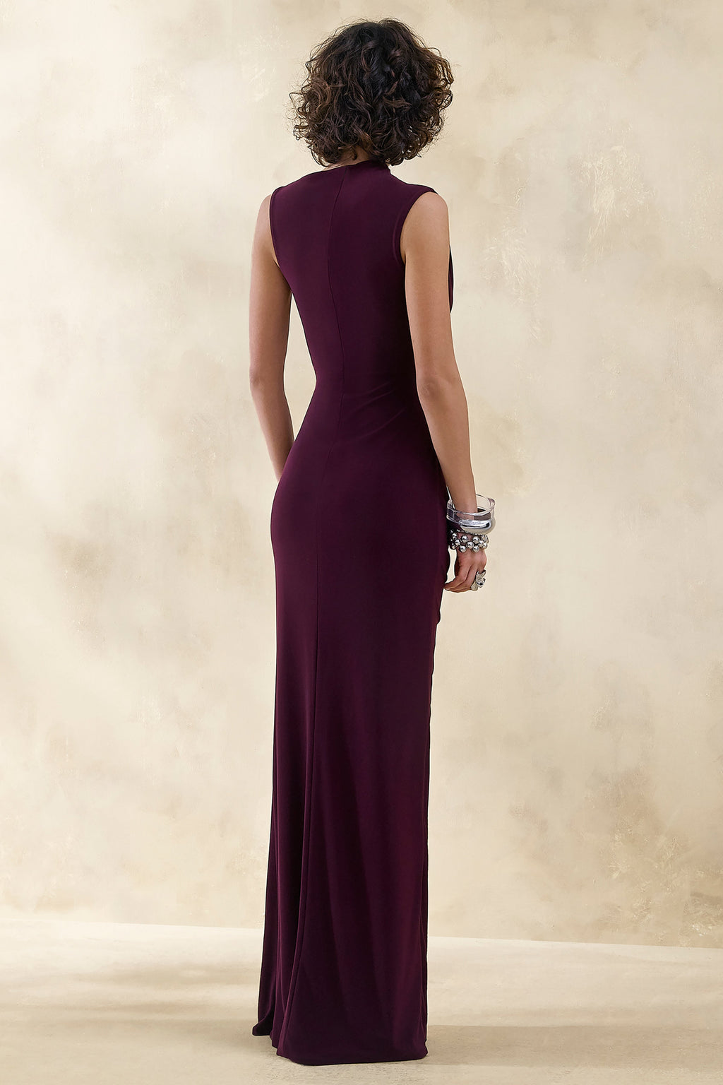 Helessia | Dark Plum Asymmetric-Neck Maxi Dress With Gathered-Detailing And Sash