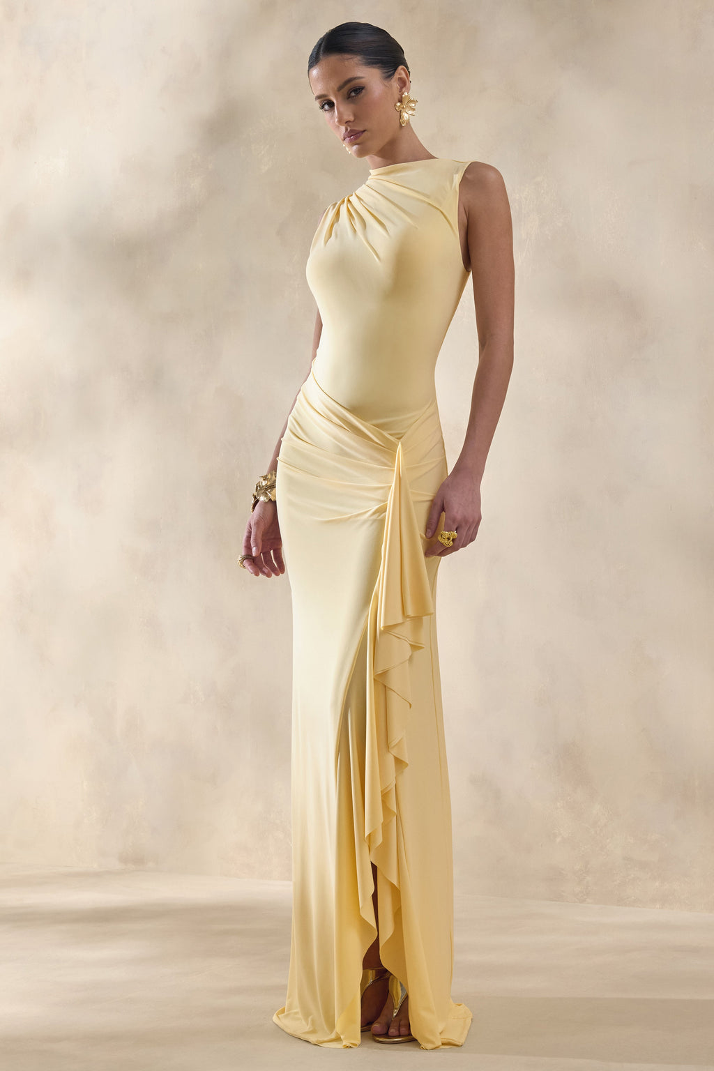 Helessia | Lemon Asymmetric-Neck Maxi Dress With Gathered-Detailing And Sash