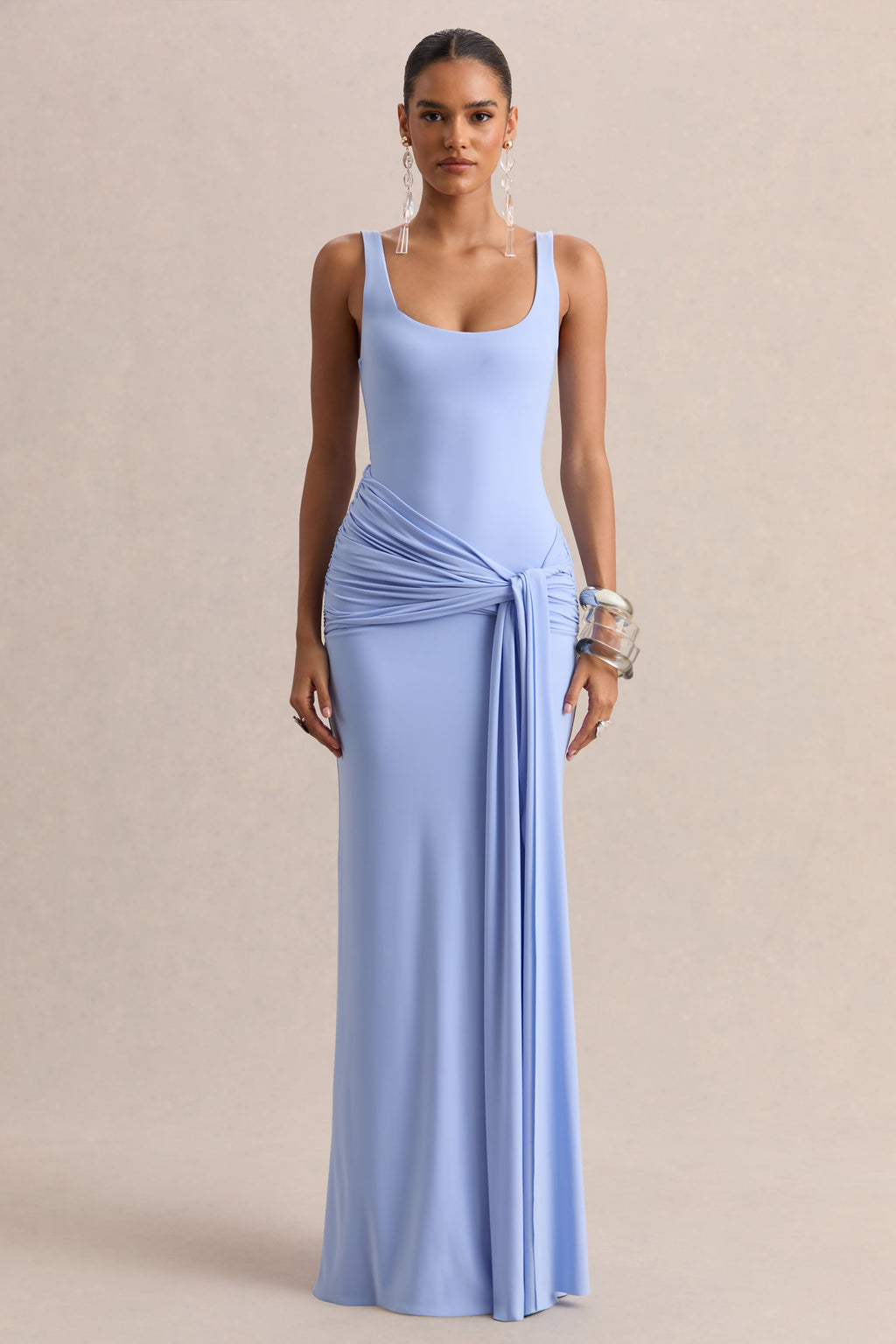 Lienna | Powder Blue Scoop-Neck Maxi Dress With Gathered-Detail And Sash