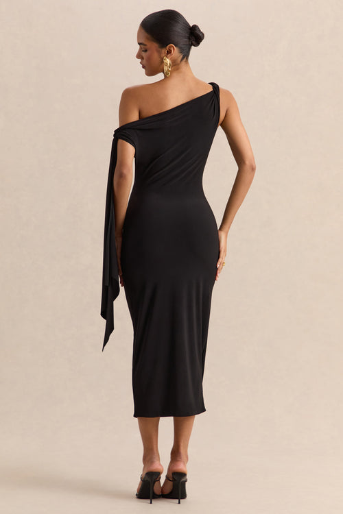 Arcelia | Black Asymmetric-Neck Midi Dress With Knot-Sleeve Detail