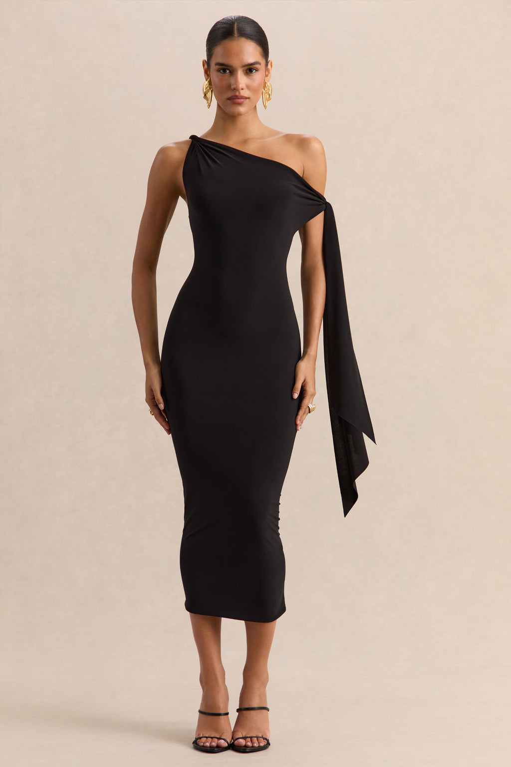 Arcelia | Black Asymmetric-Neck Midi Dress With Knot-Sleeve Detail
