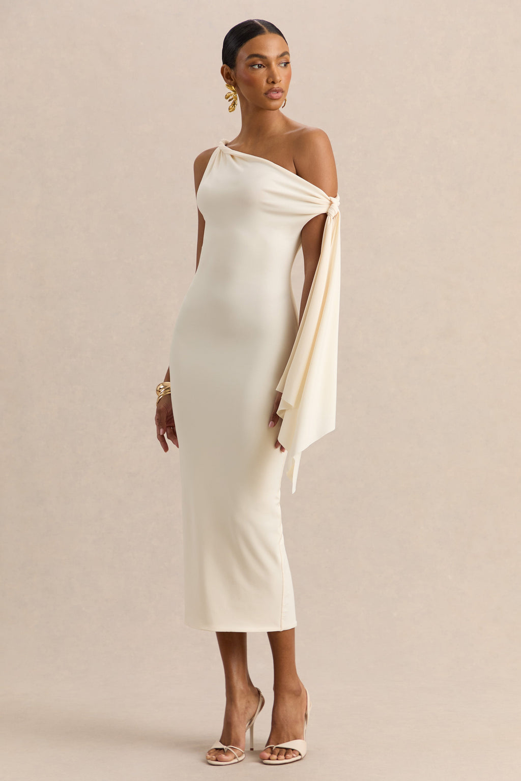 Arcelia | Cream Asymmetric-Neck Midi Dress With Knot-Sleeve Detail