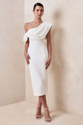 Farvera | White Lace Draped Asymmetric-Neck Midi Dress
