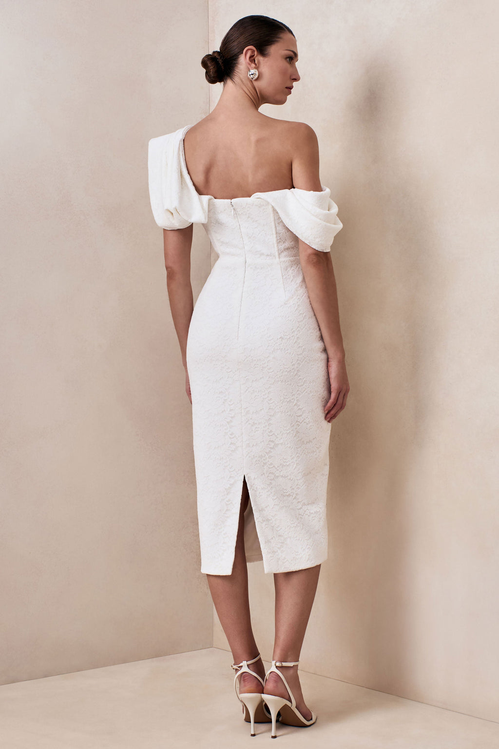 Farvera | White Lace Draped Asymmetric-Neck Midi Dress