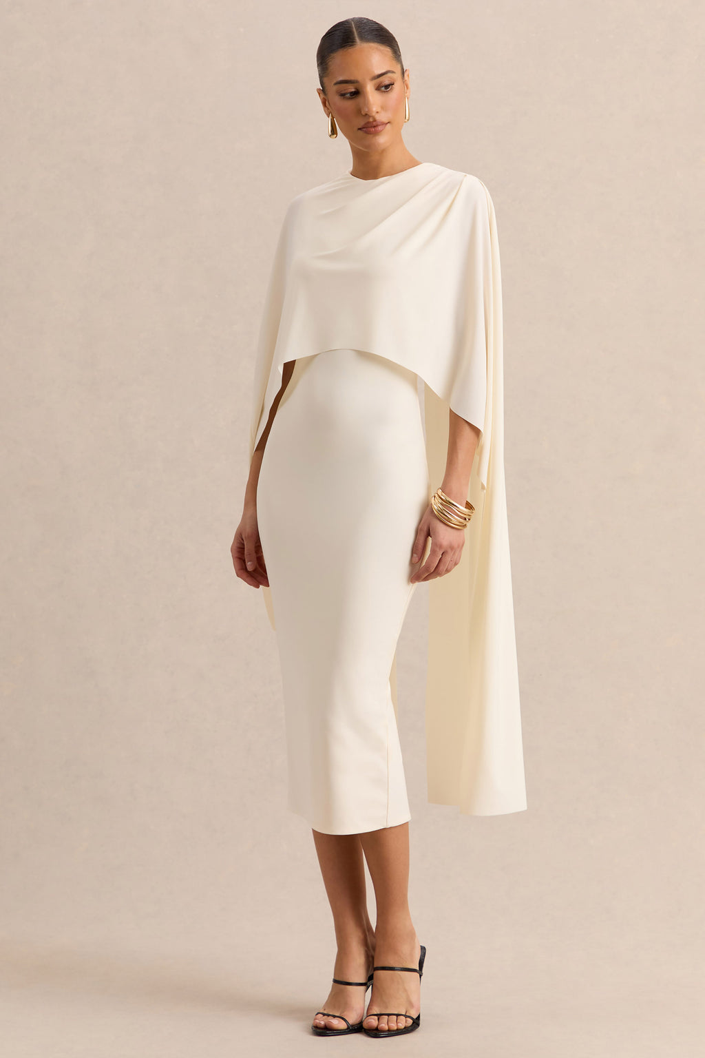 Luxalyn | Cream Round-Neck Midi Dress With Cape-Detail