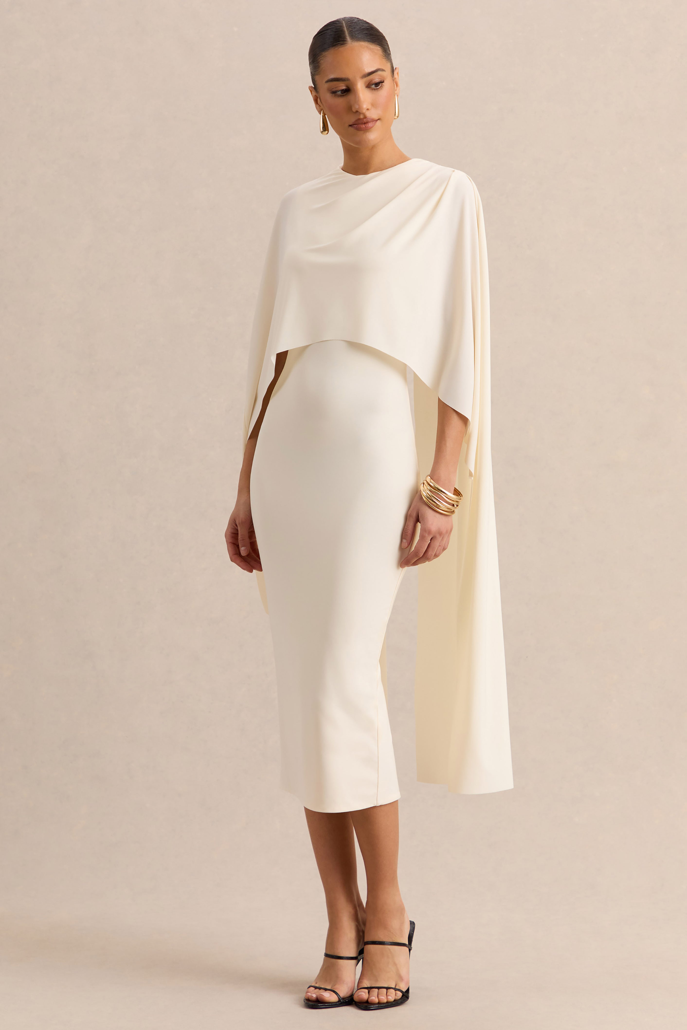 Luxalyn | Cream Round-Neck Midi Dress With Cape-Detail