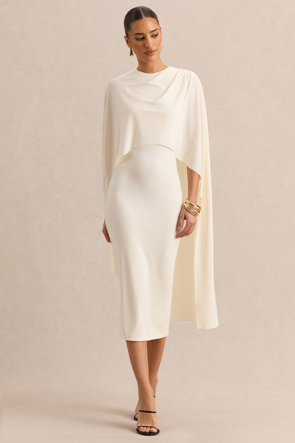 Luxalyn | Cream Round-Neck Midi Dress With Cape-Detail