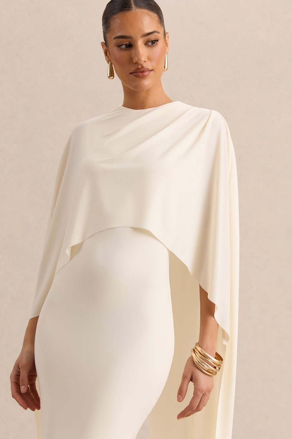 Luxalyn | Cream Round-Neck Midi Dress With Cape-Detail
