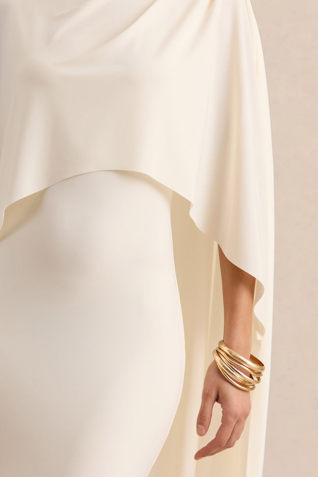 Luxalyn | Cream Round-Neck Midi Dress With Cape-Detail