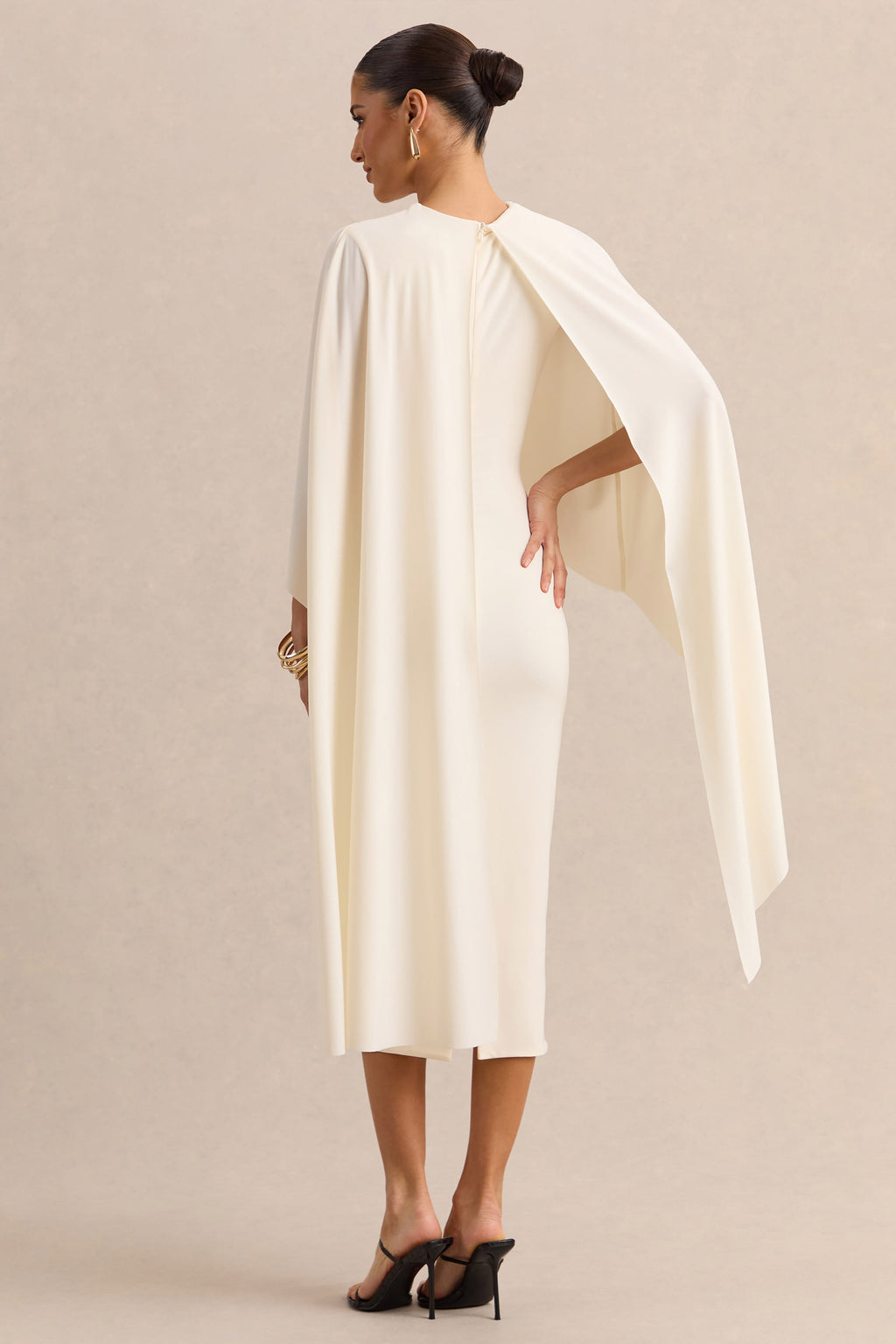 Luxalyn | Cream Round-Neck Midi Dress With Cape-Detail