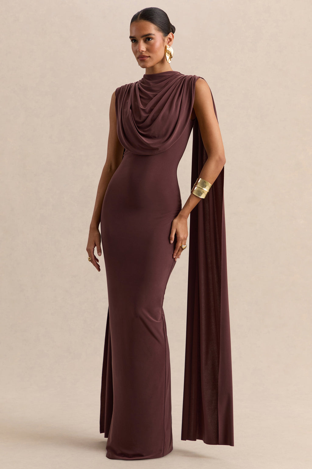 Patrina | Brown High-Neck Maxi Dress With Draped-Detailing And Cape-Sleeves