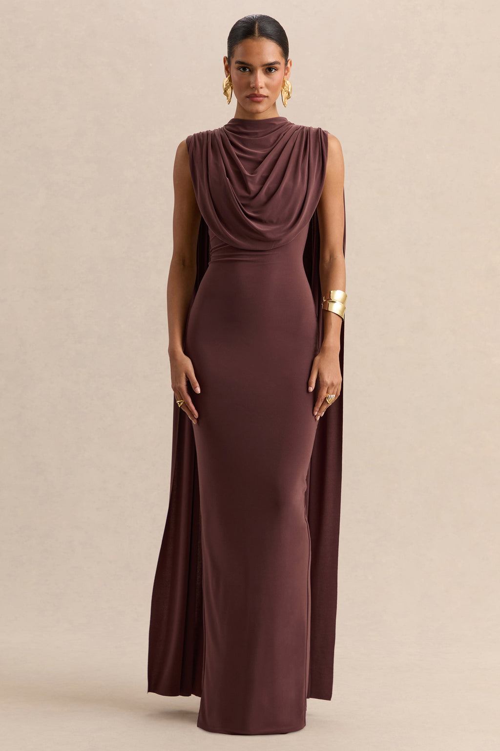 Patrina | Brown High-Neck Maxi Dress With Draped-Detailing And Cape-Sleeves