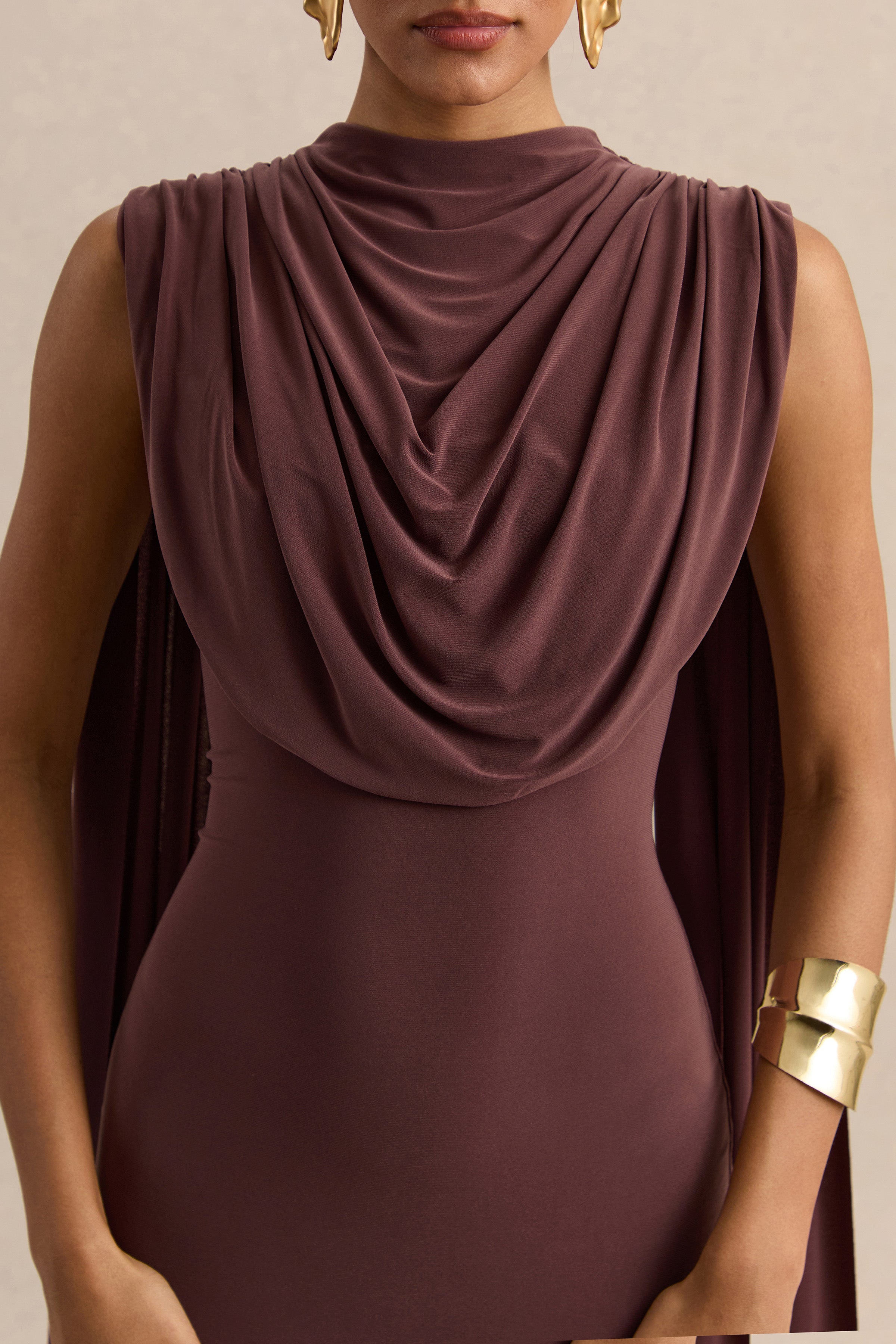 Patrina | Brown High-Neck Maxi Dress With Draped-Detailing And Cape-Sleeves